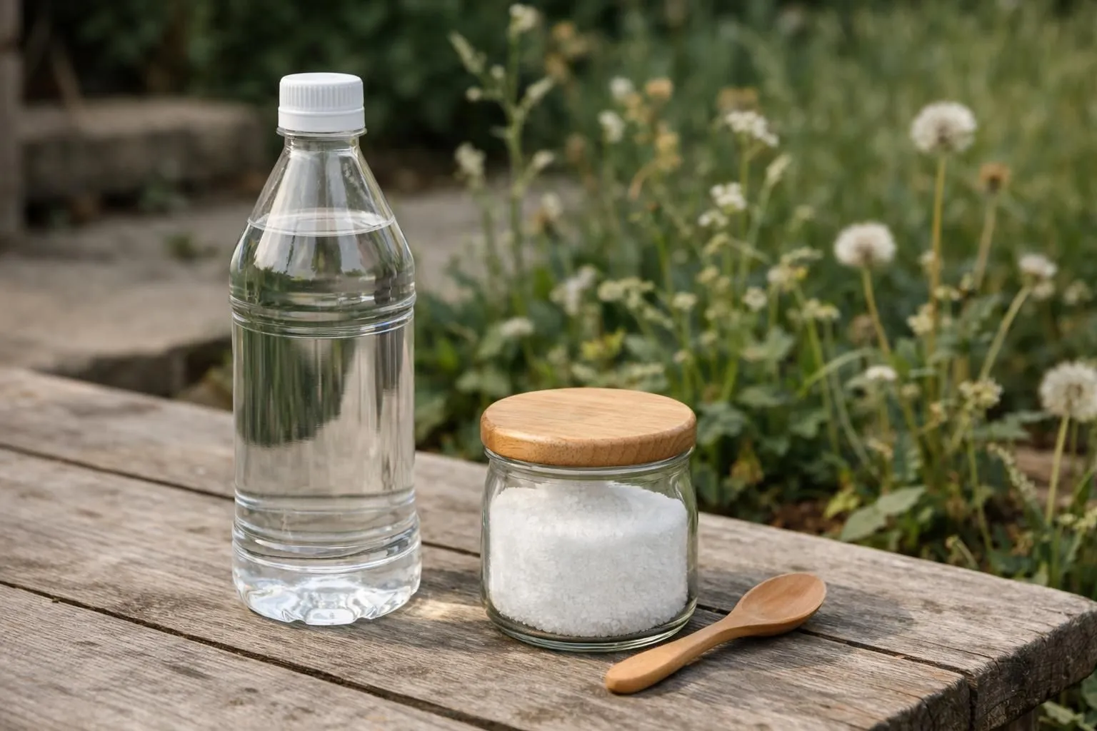 Bouteille de vinaigre blanc et pot de sel sur une terrasse de jardin avec des mauvaises herbes visibles en arrière-plan, lumière naturelle douce, style photographie réaliste, ambiance jardin français, détails ultra-précis, profondeur de champ réduite, esthétique lifestyle haut de gamme