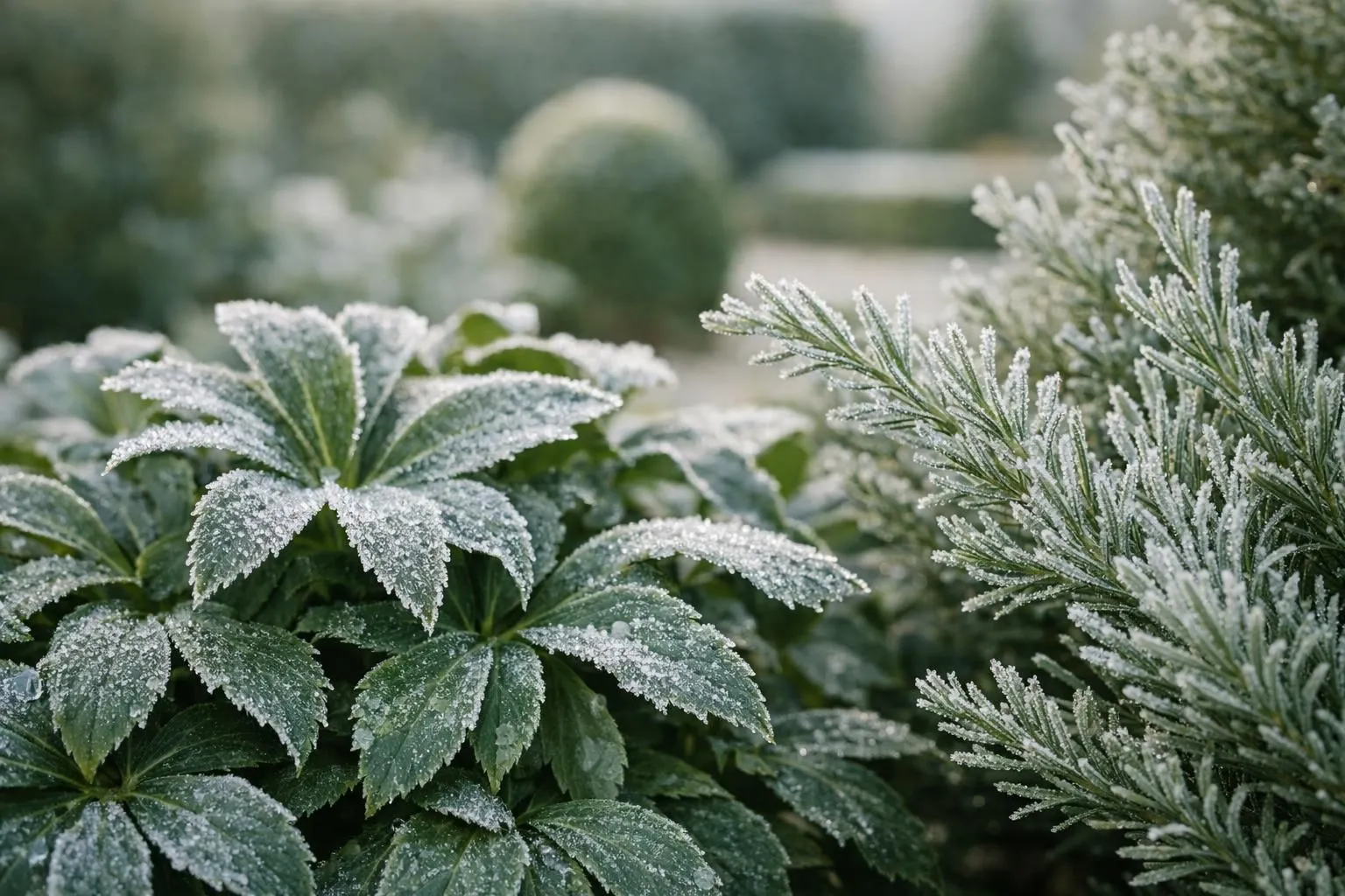 Gros plan photographique d'une touffe de bergenia ou d'heuchère en hiver dans un jardin français, feuillage vert persistant avec fine couche de givre sur les feuilles, lumière naturelle douce du matin, texture détaillée des nervures, arrière-plan flouté montrant d'autres plantes vivaces, atmosphère paisible et élégante, photographie réaliste haute définition, tons naturels verts et argentés, style lifestyle haut de gamme