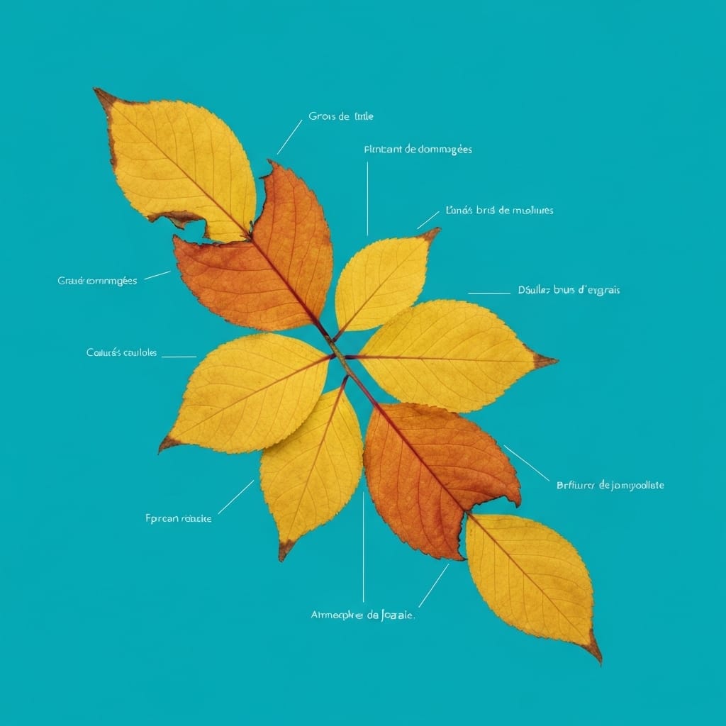 Close-up photo of damaged plant leaves showing brown and yellow edges from fertilizer burn in a French garden, realistic photography, natural daylight, crisp detail, shallow depth of field, gardening mistake illustration, educational yet elegant mood, soil and roots visible in background, authentic gardening context, no text