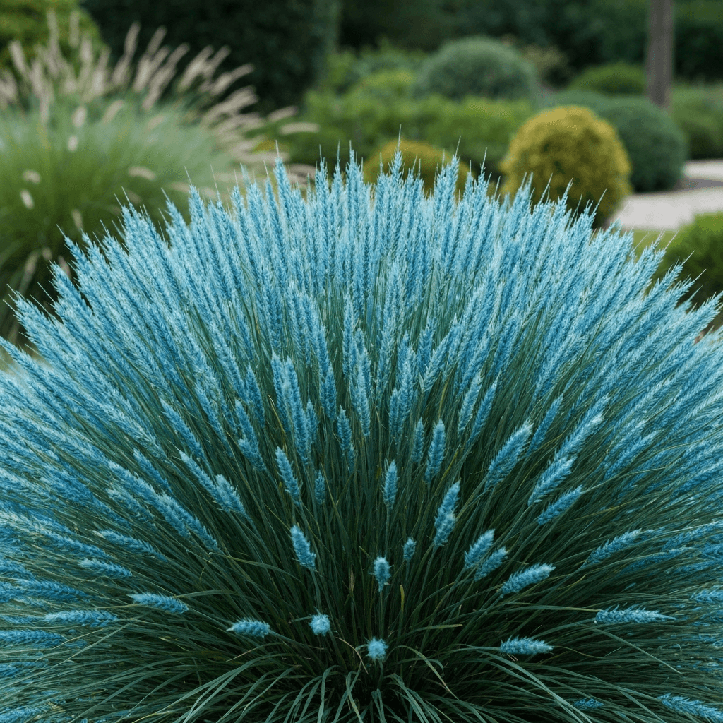Close-up of Festuca glauca (blue fescue grass) in a French garden, showing compact metallic blue tufts with fine needle-like foliage, planted in a contemporary minimalist rock garden with gravel mulch, natural daylight, ultra-detailed texture of blue-grey grass blades, realistic photography, shallow depth of field, high-end gardening aesthetic, no text