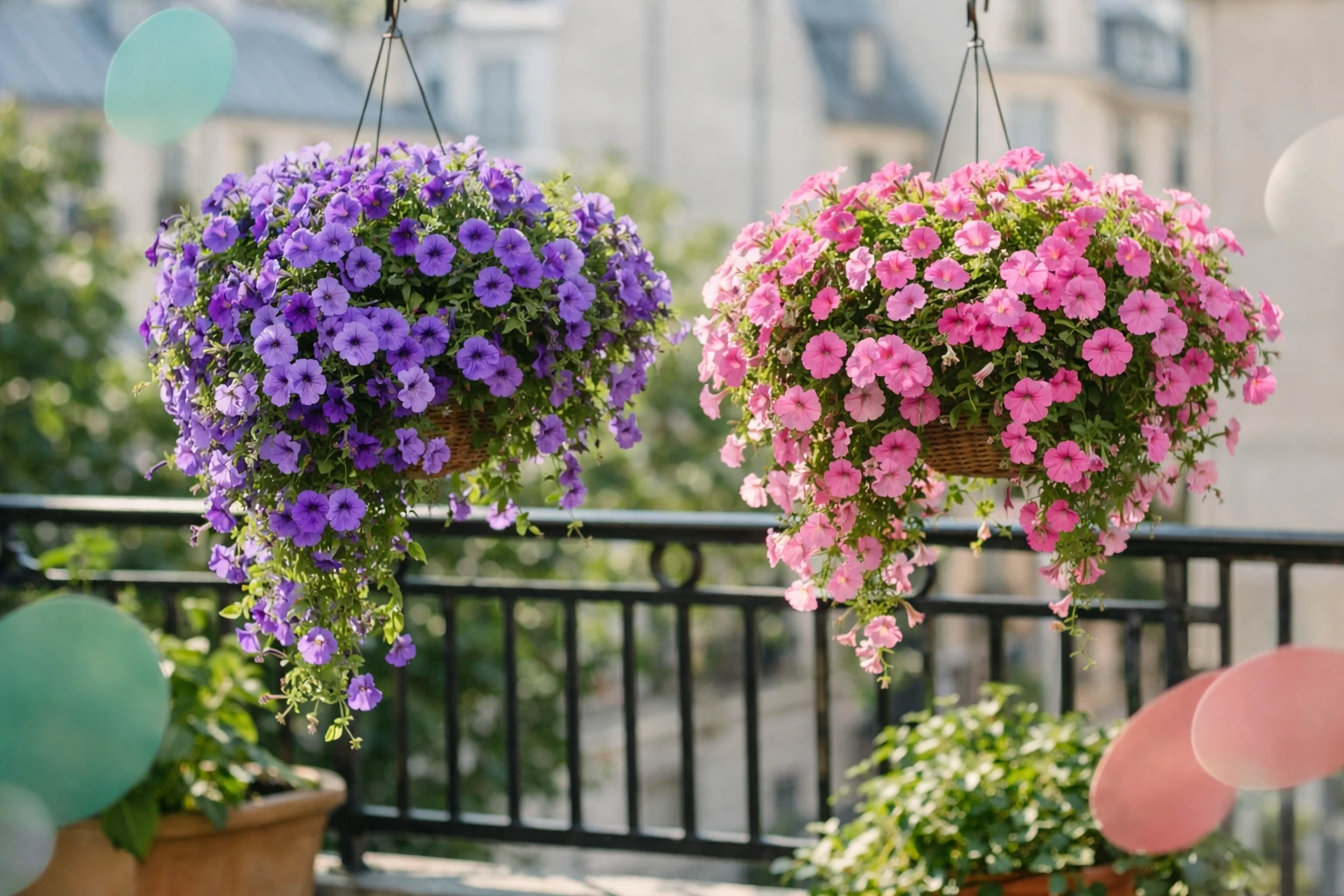 Cascading purple and pink surfinia petunias overflowing from hanging planters on sunny French balcony, abundant blooms covering the entire planter, natural sunlight, closeup showing dense flowering clusters, realistic garden photography, vibrant colors, shallow depth of field, balcony railing visible in background, typical French urban garden setting