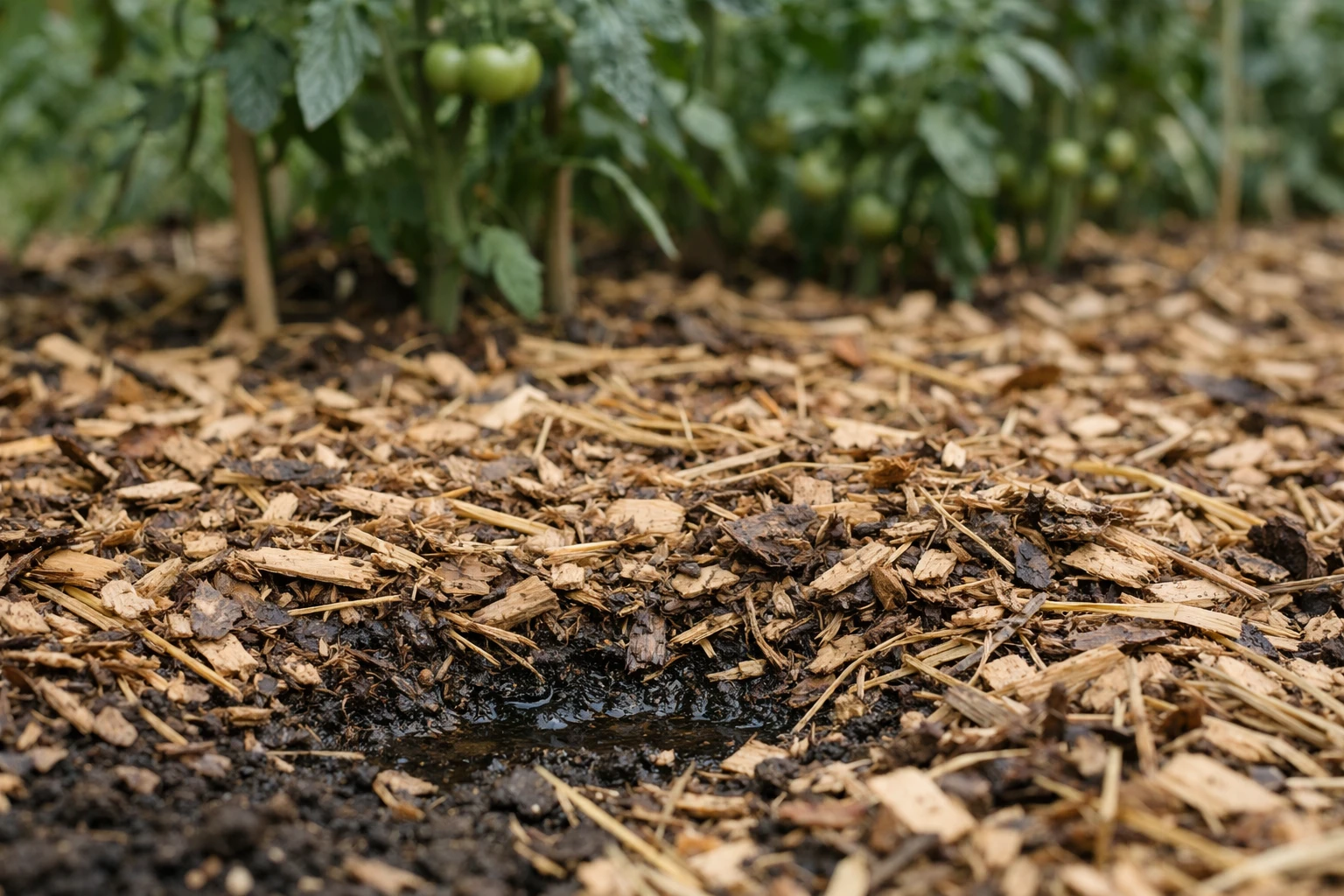 Close-up photo of organic mulch materials spread around vegetable plants in a French garden - wood chips, straw, and shredded leaves covering dark soil. Healthy green tomato plants visible in background. Natural sunlight, shallow depth of field, ultra-detailed textures showing moisture retention under mulch layer. Realistic photography style, earthy tones, professional gardening aesthetic. No text, no watermark.