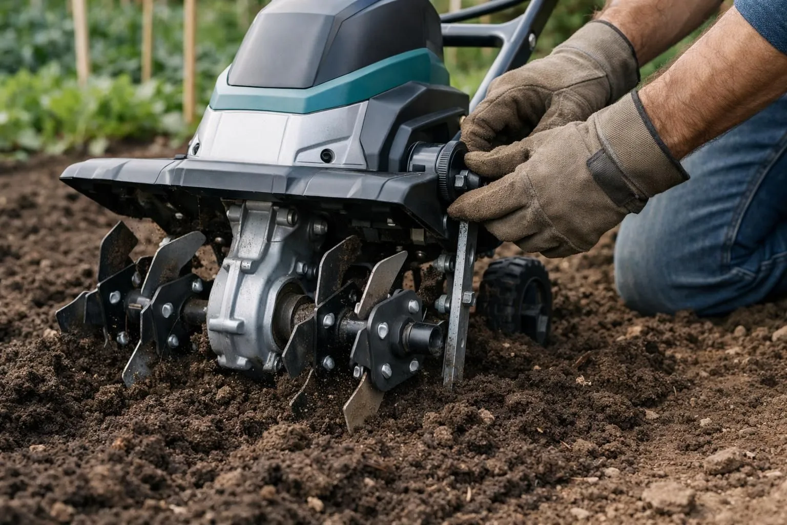 Close-up of a premium electric tiller working in a French vegetable garden, interchangeable tines visible, gardener's hands adjusting depth settings, rich dark soil being tilled, natural daylight, realistic photography style, shallow depth of field, professional gardening tool detail, high-end equipment aesthetic