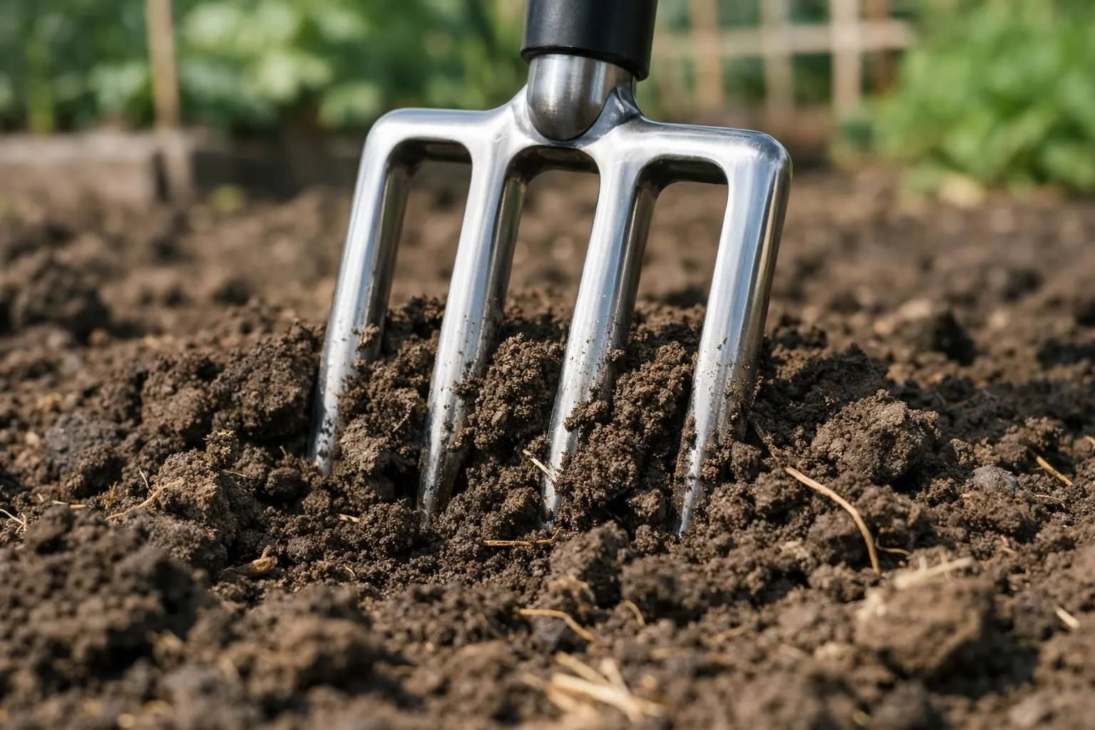 Close-up of a premium garden fork with metal tines penetrating dark, heavy clay soil in a French vegetable garden, natural morning light, realistic photography, detailed soil texture, shallow depth of field, professional gardening tool partially buried in earth, organic matter visible, authentic French potager atmosphere, high-end lifestyle aesthetic, ultra-sharp focus on fork tines