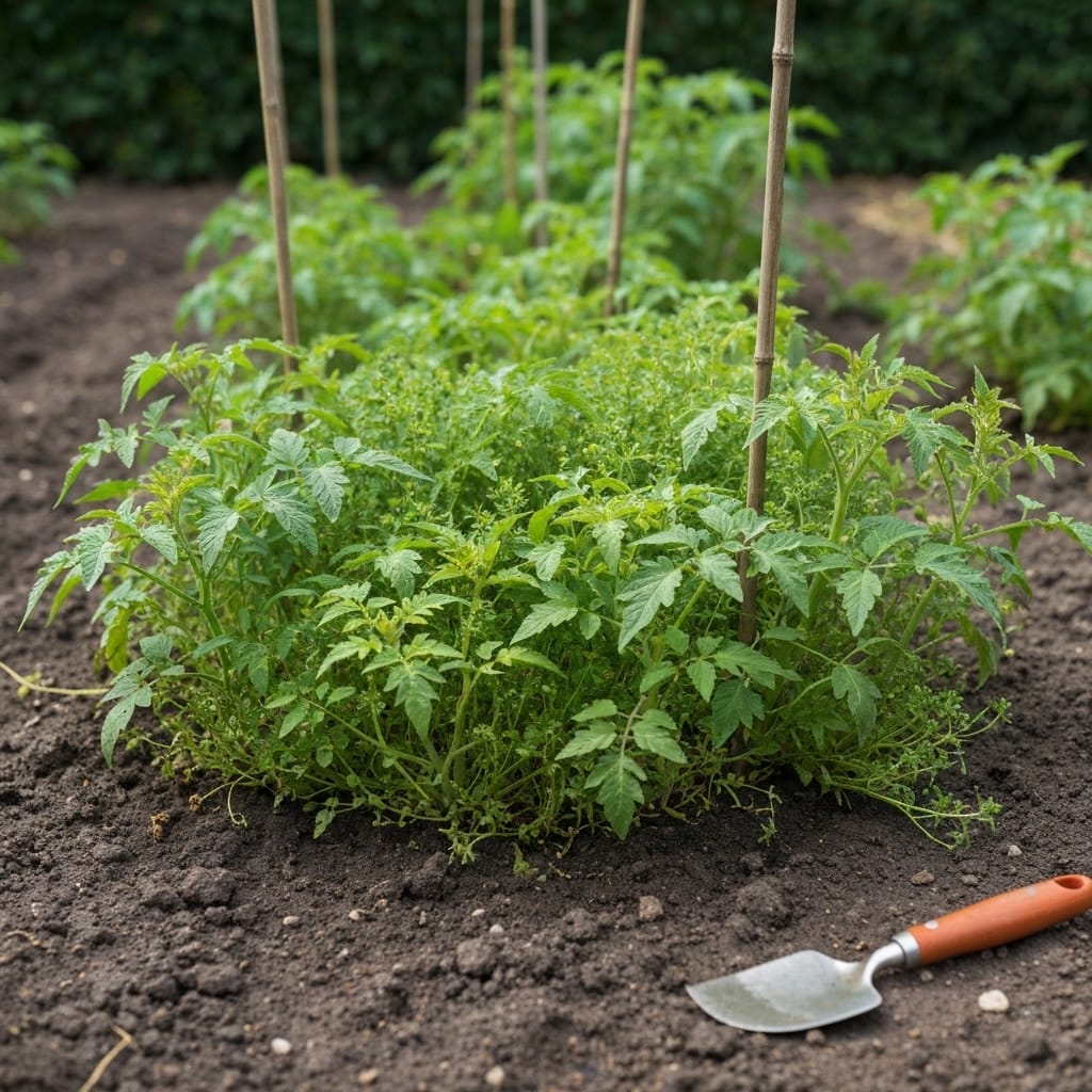 Close-up view of a gardener's gloved hands pulling weeds from around young vegetable plants in a French garden, showing dense weed growth threatening tomato seedlings. Natural morning light, realistic photography, soil textures visible, gardening tools nearby. Professional yet approachable atmosphere, educational composition showing the problem of weed invasion.