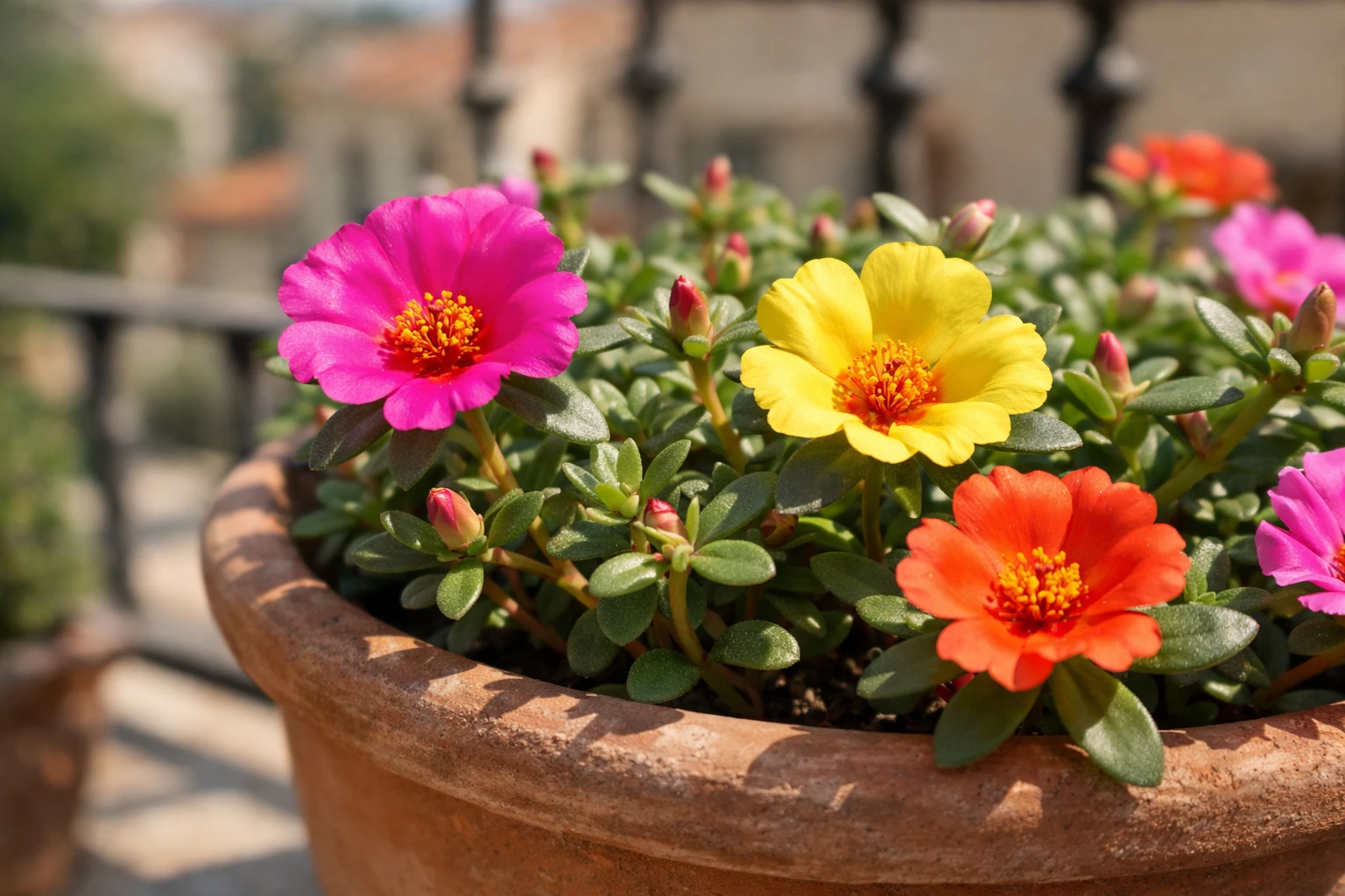 Colorful portulaca flowers in bright yellow, pink and orange blooming in shallow terracotta containers on a sunny balcony with intense sunlight, close-up of succulent leaves, vibrant petals fully open, Mediterranean atmosphere, natural photography, warm tones, shallow depth of field