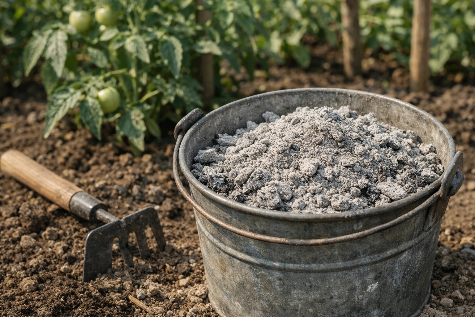Close-up of wood ash in a rustic metal bucket next to a French vegetable garden, with visible grey powder texture, a small garden trowel, and healthy tomato plants in background. Natural morning light, realistic photography, earthy tones, authentic gardening atmosphere, shallow depth of field, high detail on ash texture and soil.