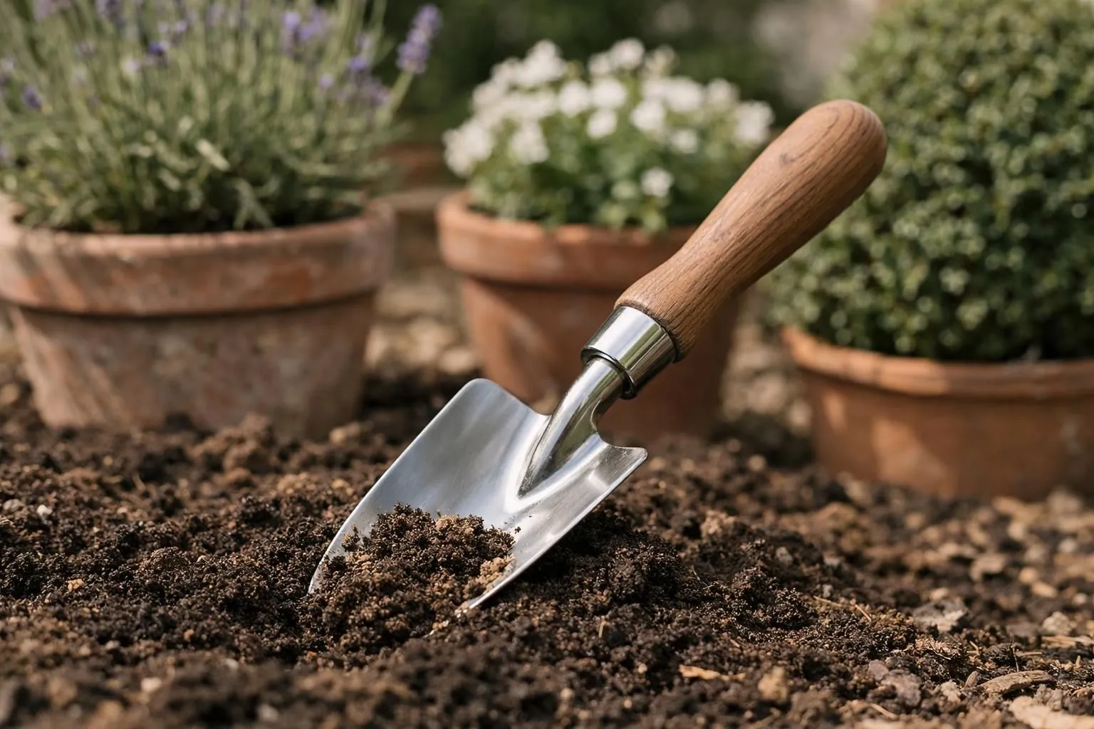 Close-up photograph of a premium hand trowel (transplantoir) being used in a French garden, elegant wooden or ergonomic handle, stainless steel blade digging into rich dark soil near ornamental plants in terracotta pots, natural morning light, ultra-detailed texture of metal and soil, realistic photography style, shallow depth of field focusing on the tool, high-end gardening lifestyle aesthetic, authentic French garden atmosphere