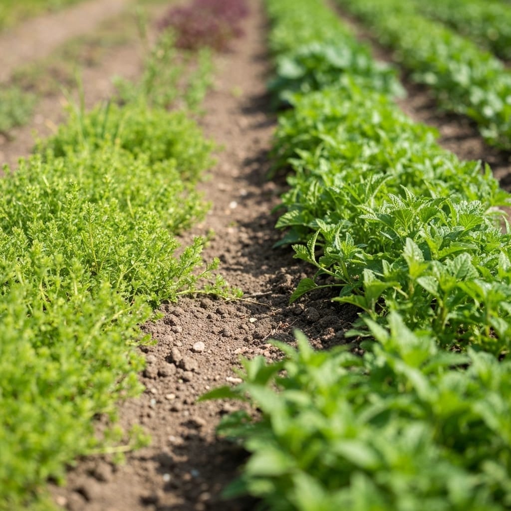 Close-up of overgrown weeds invading a French vegetable garden, contrast between healthy plants and invasive weeds, realistic photography with natural lighting, showing root competition in soil, educational gardening scene, high detail, authentic garden atmosphere in France, professional photography, no text