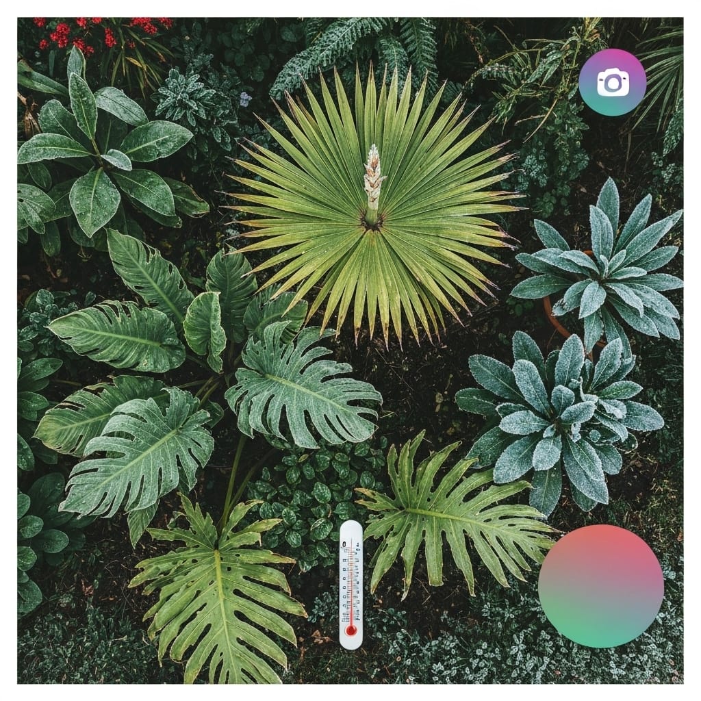 Gros plan sur des plantes tropicales flétries et abîmées par le gel dans un jardin français en hiver, feuilles brunies et tiges cassées, thermomètre de jardin montrant des températures négatives, lumière naturelle froide, photographie réaliste haute définition, atmosphère éducative montrant les conséquences d'un mauvais choix de plantes, style documentaire pour guide de jardinage