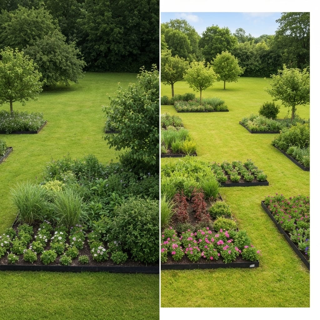 Overhead view of a French garden showing correct versus incorrect plant spacing side by side, with overcrowded plants on one side struggling with yellowing leaves and proper spacing on the other showing healthy growth, natural sunlight, educational comparison, realistic gardening photography, shallow depth of field, professional horticultural demonstration