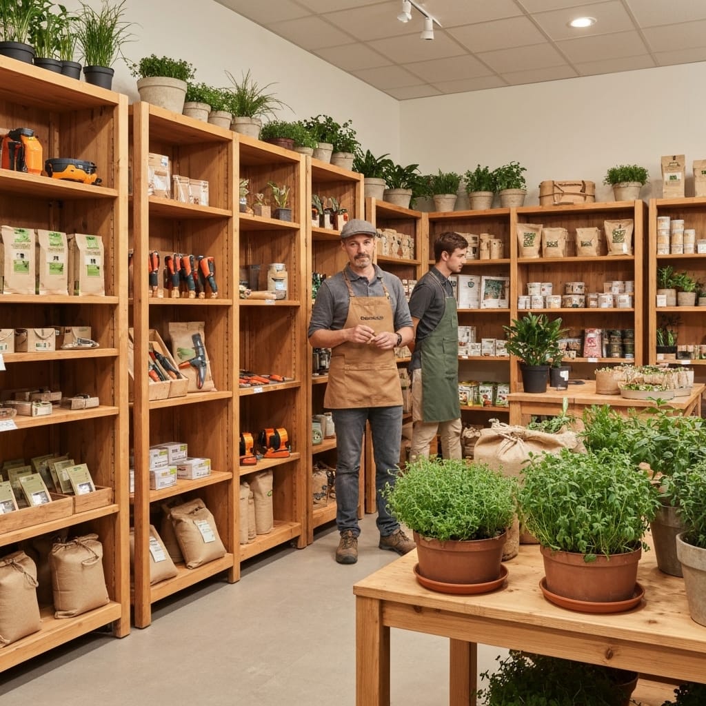 Interior of a premium French garden supply store 'Amperel' with organized wooden shelving displaying quality gardening tools, organic soil bags, seedling trays, and potted herbs. A friendly expert in a green apron advising a young customer, both smiling, natural morning light through large windows, clean modern rustic design, welcoming atmosphere, realistic photography style, soft natural colors, professional retail environment, no text, no signs, no labels.