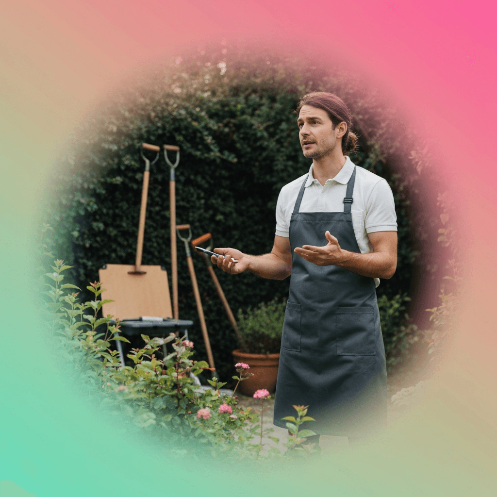 Professional French horticulturist advising homeowner in elegant garden setting, surrounded by hardy perennial plants and ornamental grasses, natural sunlight filtering through foliage, realistic photography, shallow depth of field, warm earth tones, high-end gardening consultation scene, no text, authentic French garden atmosphere with native drought-resistant plants, professional tools visible in background