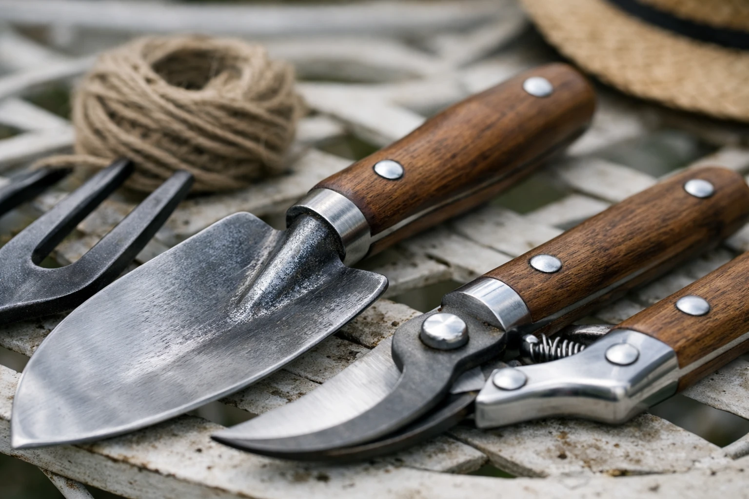 Close-up macro shot of premium garden tool construction details in a French garden setting. Focus on forged steel blade, wooden handle grain, and metal rivets. Tools laying on weathered garden table with soft natural lighting. Ultra-sharp detail showing material quality differences. Realistic photography style, shallow depth of field, bokeh background with subtle garden elements. Professional product photography aesthetic, warm tones, morning light. No text, no logo, no watermark.