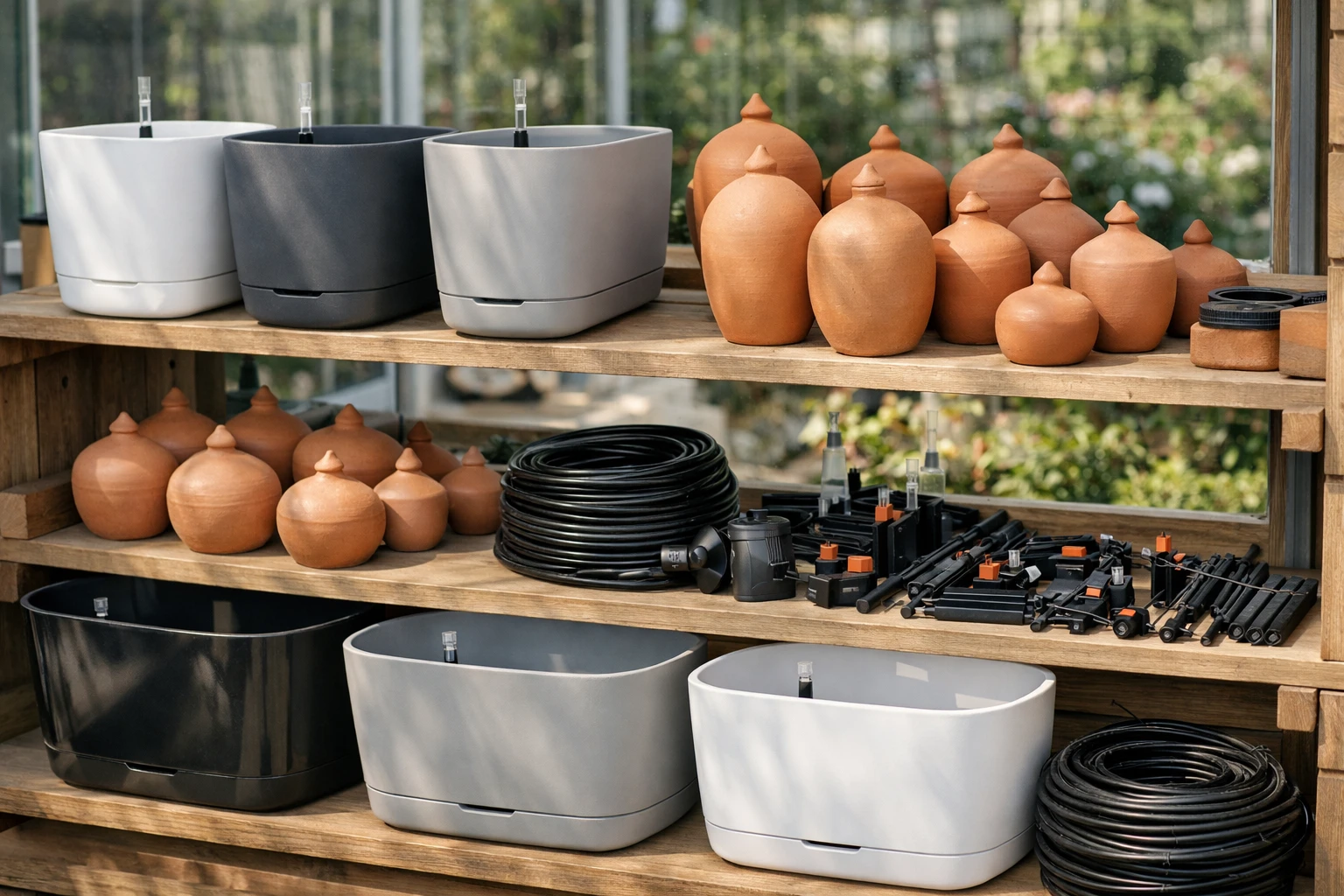 Modern French garden center display featuring premium self-watering planters, terracotta oyas, automatic irrigation systems on wooden shelves. Natural morning light streaming through large windows. Lush balcony plants in the background. Professional yet approachable atmosphere with earth tones, clean organization, high-end gardening lifestyle aesthetic. Realistic photography style, shallow depth of field, no text or logos visible.