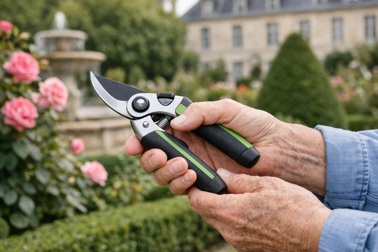 Close-up of ergonomic gardening tools specifically designed for seniors, featuring cushioned non-slip handles, lightweight materials, and easy-grip designs. A pair of hands belonging to an elderly person comfortably holding a premium pruning shear in a beautiful French garden setting. Soft natural morning light, shallow depth of field focusing on the tool and hands, blurred colorful flowers in background. Realistic photography style, warm tones, conveying comfort, accessibility and joy of gardening. No text, no logo, no watermark.