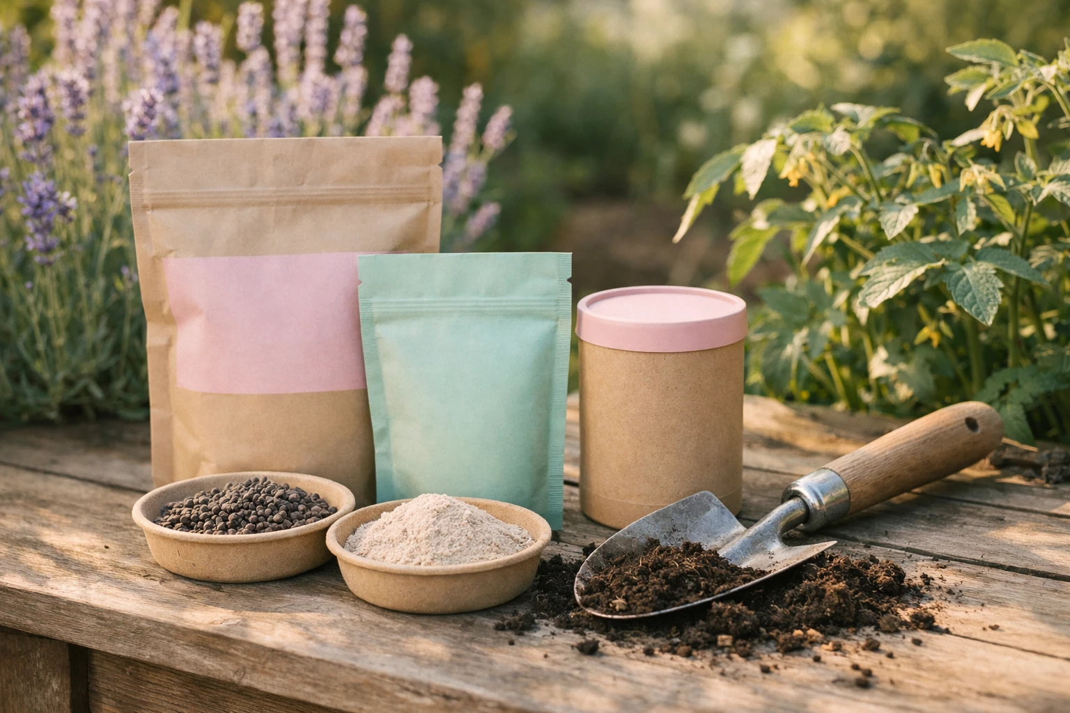 Close-up of premium organic gardening products arranged on wooden garden table in French backyard, natural fertilizers in earth-tone packaging, hand trowel and fresh soil, blooming lavender and tomato plants in background, warm morning sunlight, realistic photography, shallow depth of field, authentic French garden atmosphere, no text or logos visible