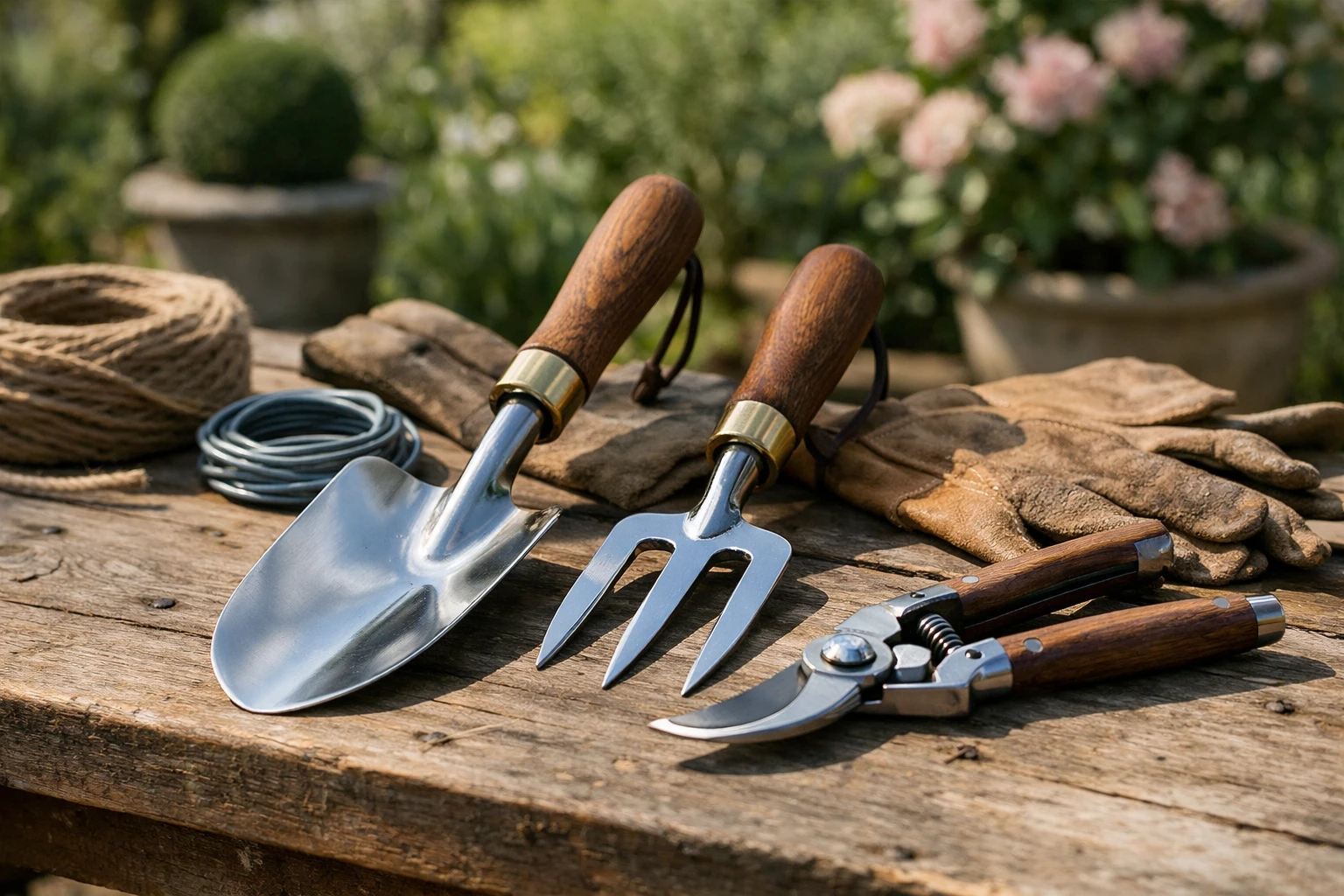 Close-up of premium gardening tools laid out on a wooden workbench in a French garden setting, including stainless steel pruning shears, a forged trowel, and quality gloves. Natural morning light highlighting metal textures and wood grain. Ornamental plants and terracotta pots visible in soft-focus background. Realistic photography style, natural earth tones, ultra-detailed surface textures, shallow depth of field, conveying quality craftsmanship and durability. Professional horticulturist's workspace atmosphere. No text, no logos, no watermarks.