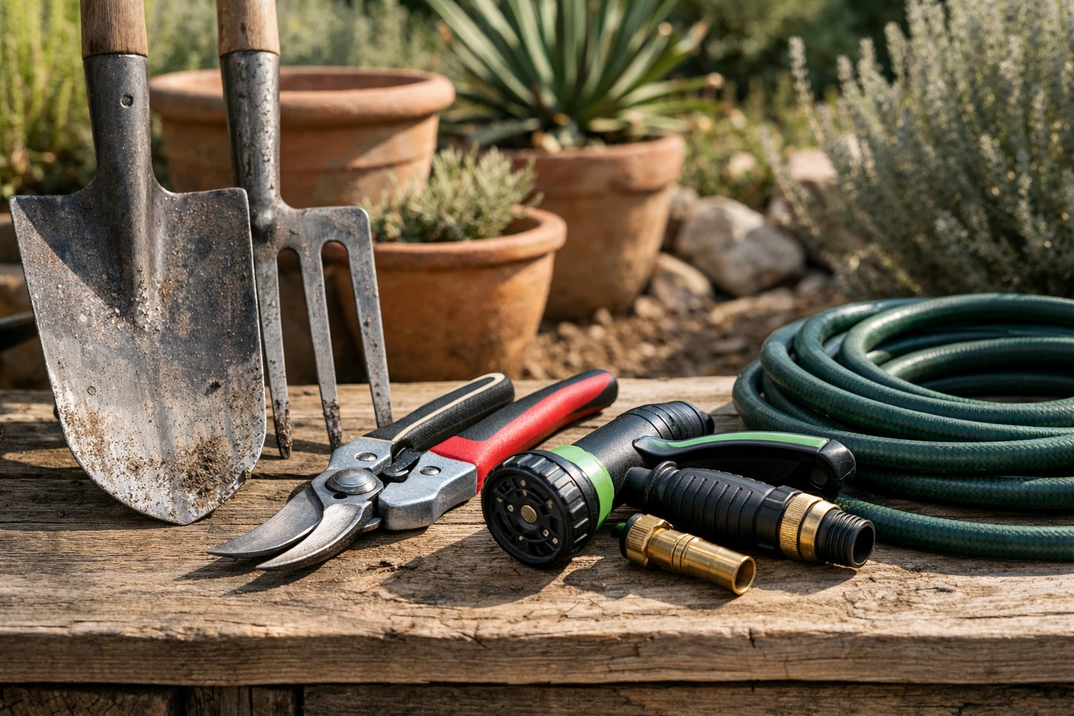 Close-up of assorted professional gardening tools laid out on weathered wooden surface in Mediterranean garden setting. Stainless steel hand trowels, pruning shears, cultivators and watering equipment displayed against terracotta pots and drought-resistant plants. Warm natural sunlight, realistic photography style, high detail textures showing tool quality, shallow depth of field, earthy color palette with green plant accents, practical yet elegant arrangement suggesting premium gardening expertise.