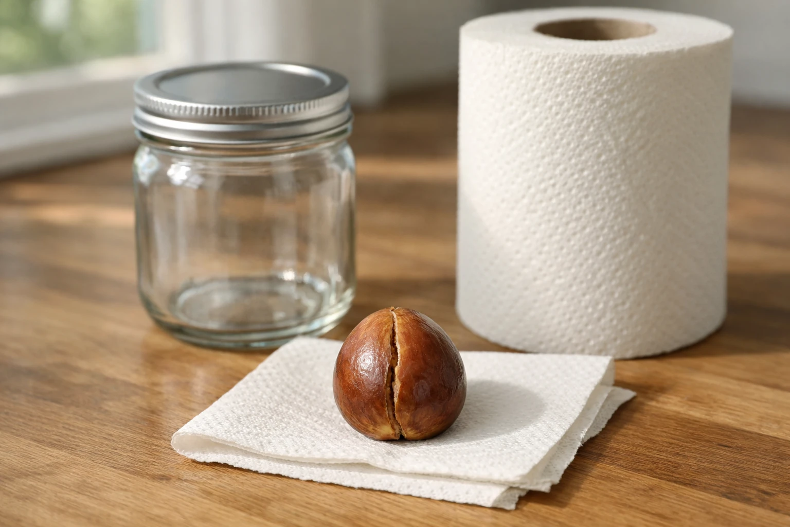 Close-up photograph of essential germination supplies for avocado seed on white paper towel: transparent glass jar with lid, white unbleached paper towel roll, fresh ripe avocado seed, natural morning light from window, wooden kitchen countertop, realistic photography, shallow depth of field, soft shadows, clean minimalist composition, educational gardening setup, high detail textures