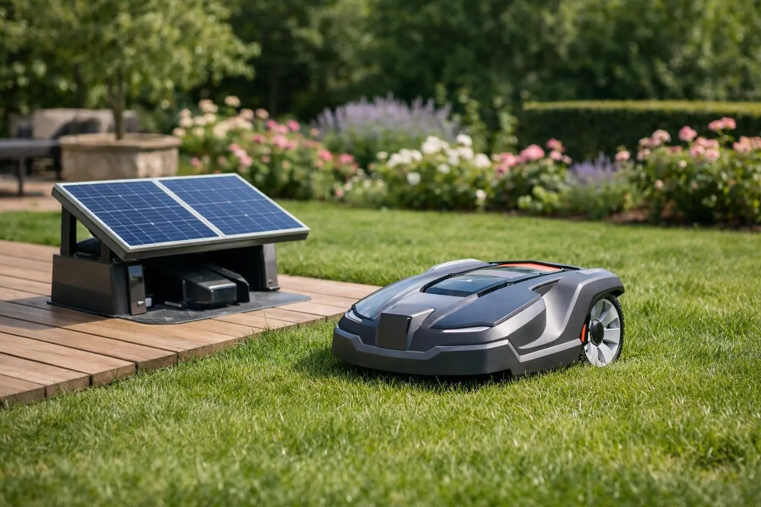 Modern solar-powered robotic lawn mower on a sunny French garden terrace, solar panels visible on charging station, lush green grass, blooming flower beds in background, soft natural morning light, realistic photography style, high detail, shallow depth of field, eco-friendly gardening lifestyle, no text or watermark