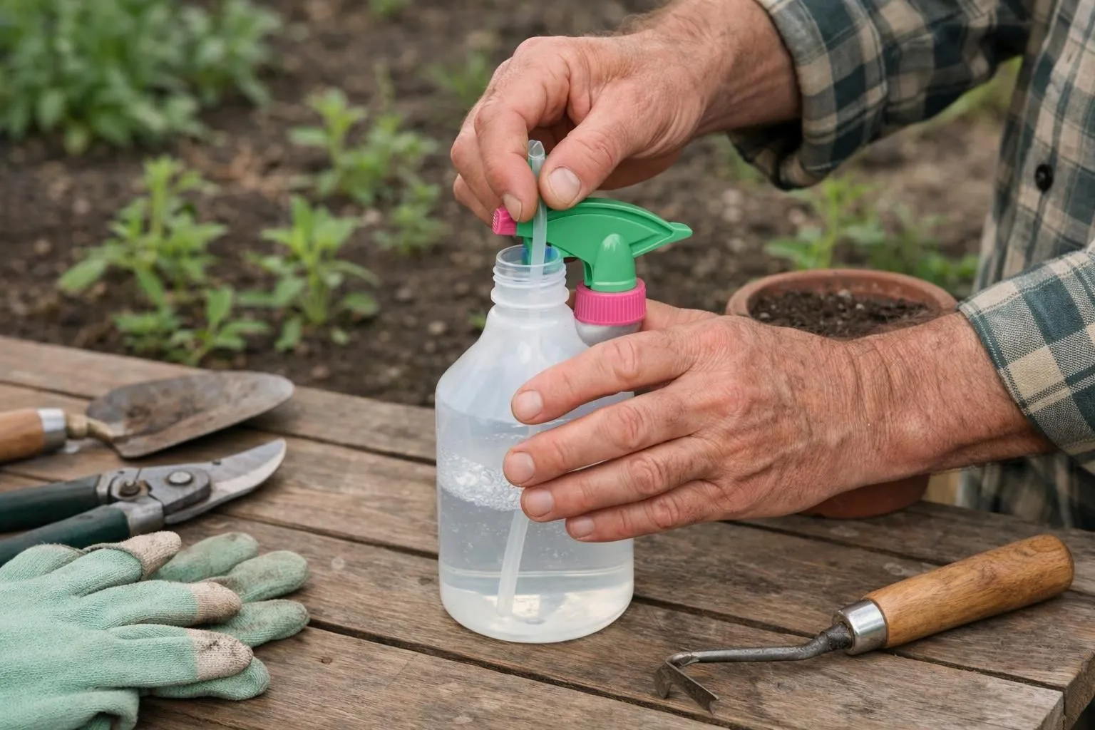 Close-up of a hand holding a white spray bottle mixing vinegar and water solution in a French garden setting, garden path with young weeds visible in background, natural morning light, realistic photography style, sharp focus on transparent measuring containers, professional gardening tools on wooden table, authentic DIY atmosphere, high detail, warm earth tones