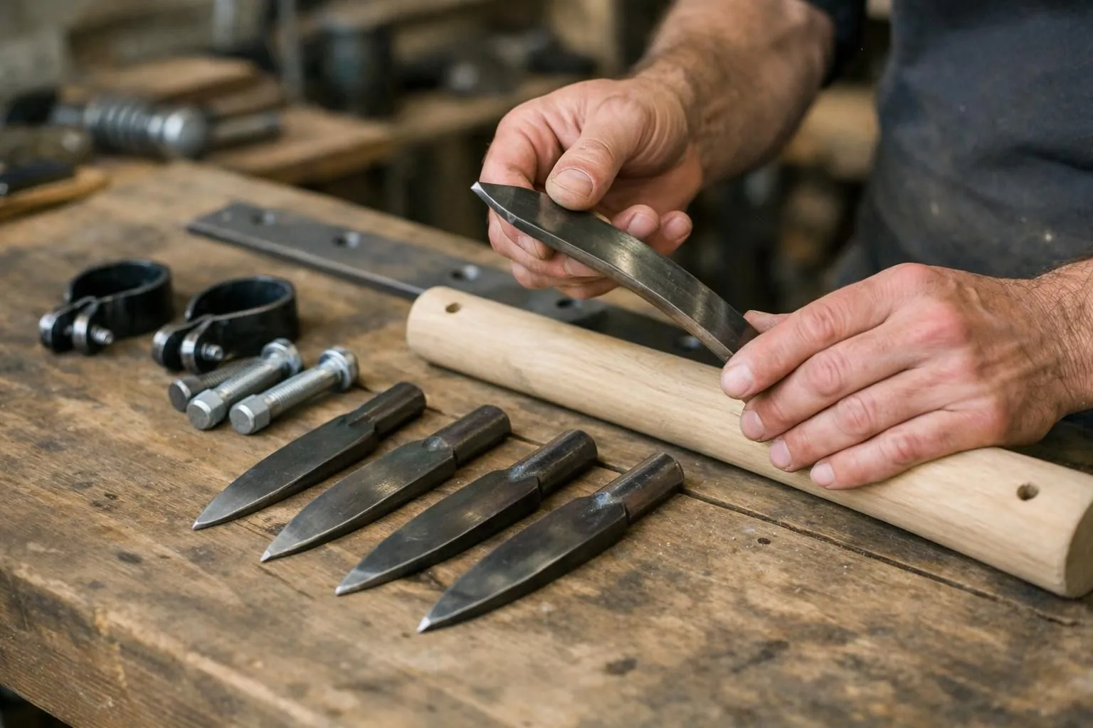 Close-up photograph of artisan-made gardening fork (grelinette) components on a French craftsman