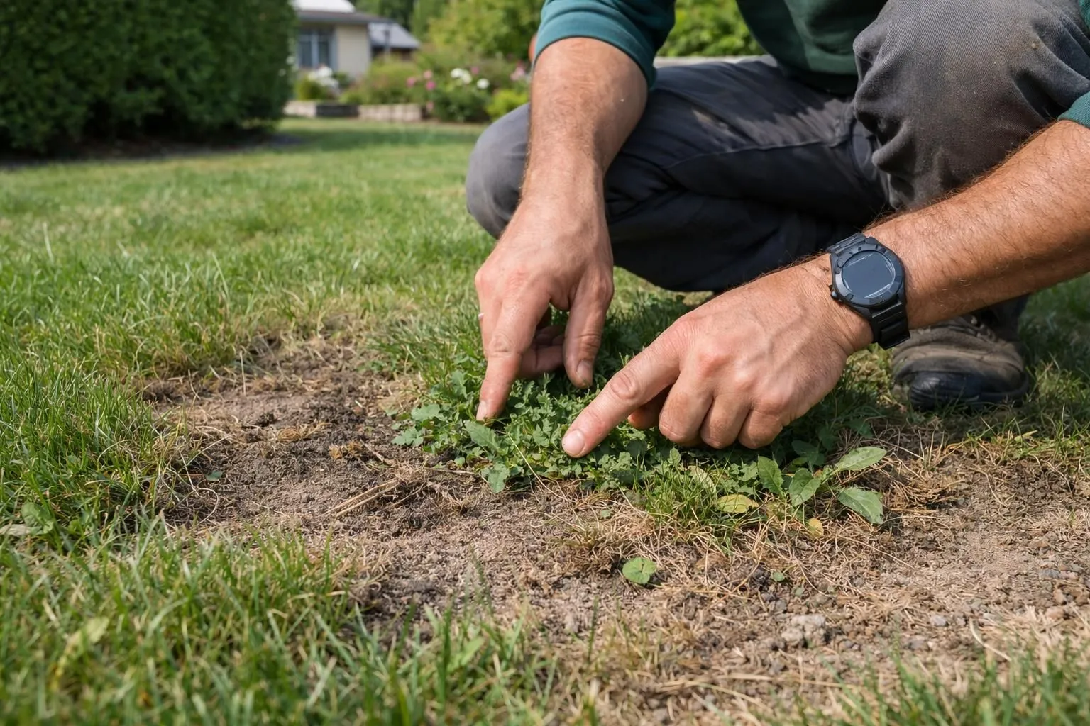 Close-up hands of gardener examining damaged lawn with weeds and bare patches in French suburban garden, professional evaluation of grass health, realistic photography style, natural morning light, detailed grass texture showing mix of healthy and unhealthy areas, expert assessment scene, authentic outdoor atmosphere, no text