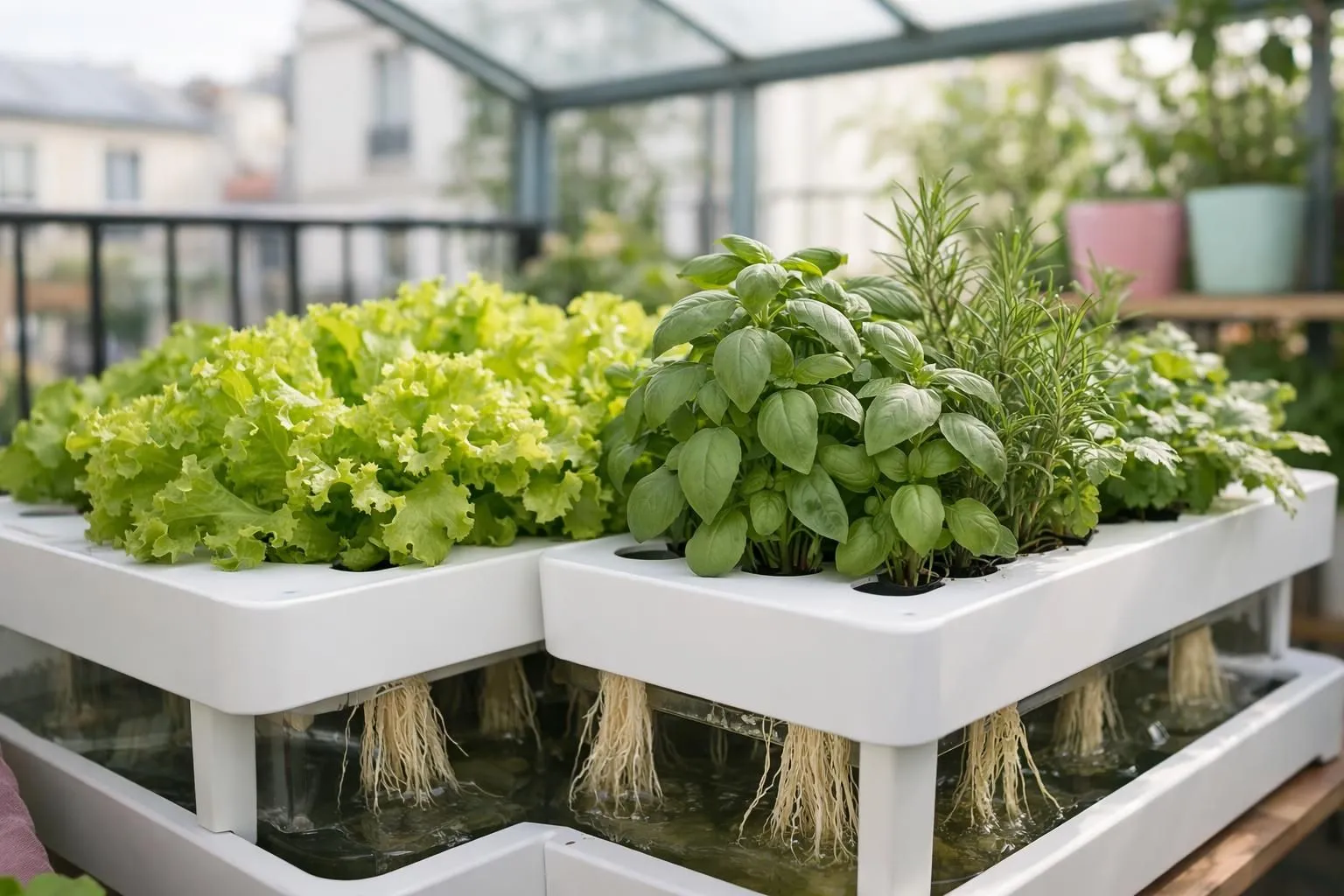 Close-up of a modern hydroponic system on a French apartment balcony, fresh green lettuce and herbs growing in nutrient solution, natural daylight streaming through glass, clean white growing containers with visible roots, realistic photography, high detail, urban gardening setting, professional yet accessible aesthetic, eco-friendly atmosphere, shallow depth of field focusing on thriving leafy greens