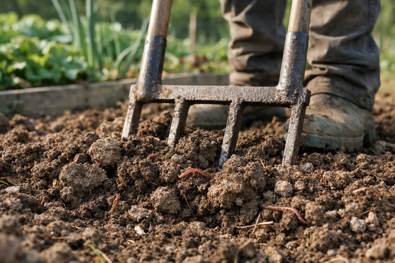 Close-up of a gardener using a broadfork (grelinette) in clayey soil, showing the tool
