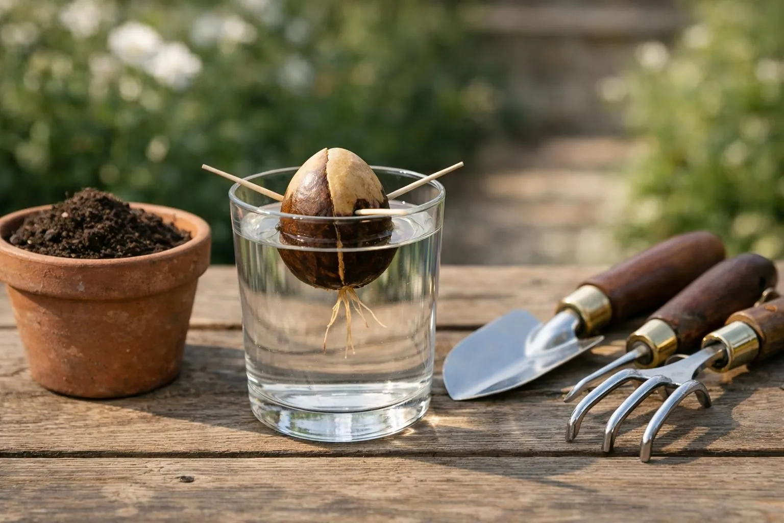 Close-up of an avocado pit suspended in a glass of water with toothpicks, beside premium gardening tools and a small terracotta pot filled with rich soil on a rustic wooden table in a French garden. Natural morning light, shallow depth of field, realistic photography, warm tones, high detail, elegant and trustworthy gardening atmosphere.