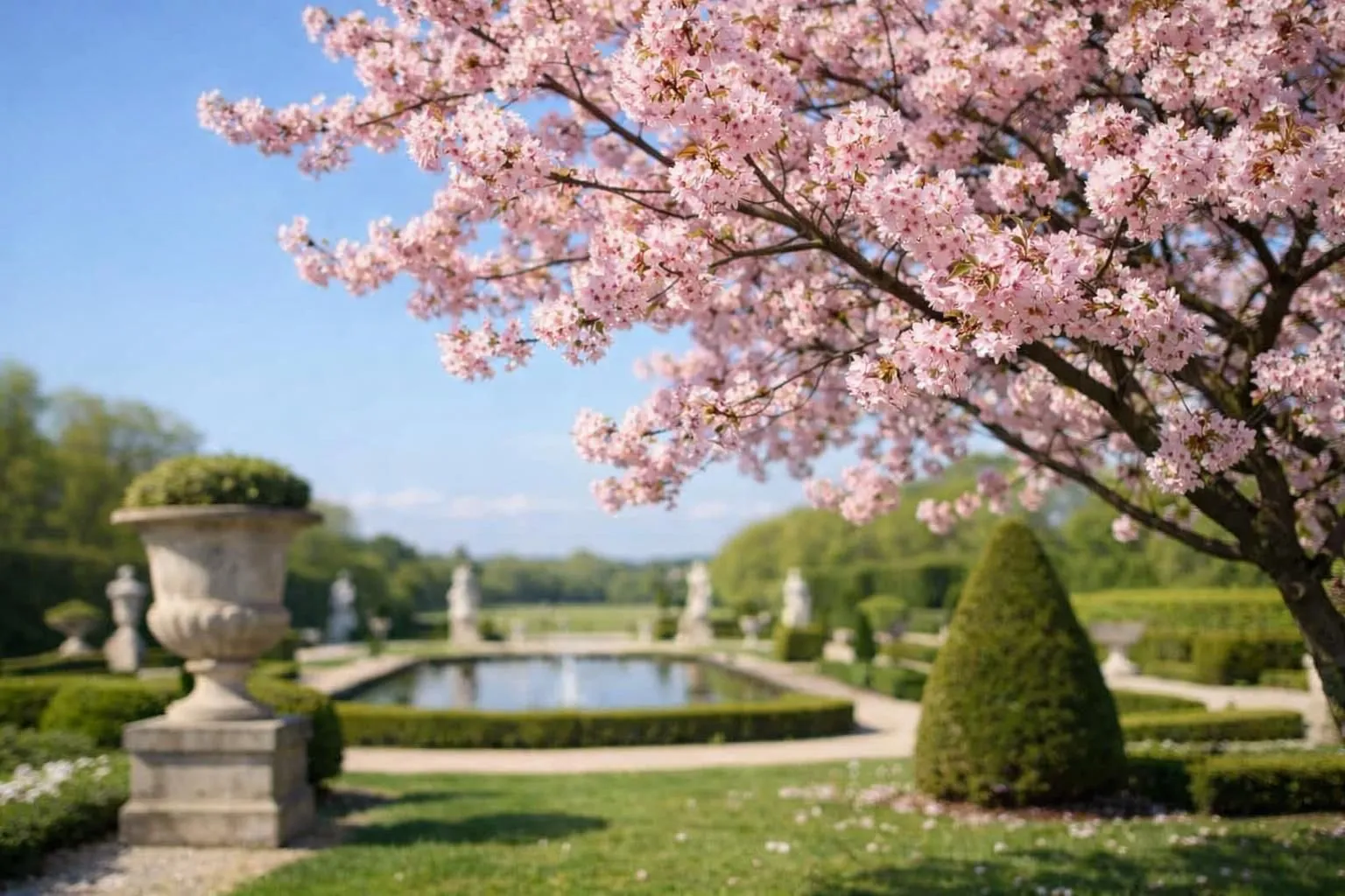 Magnificent ornamental cherry tree in full spring bloom in a French suburban garden, branches covered with delicate pink and white blossoms against blue sky, well-maintained lawn in foreground, natural sunlight filtering through flowers, realistic photography, vibrant colors, shallow depth of field, elegant garden atmosphere, high-quality lifestyle aesthetic, no text or watermark