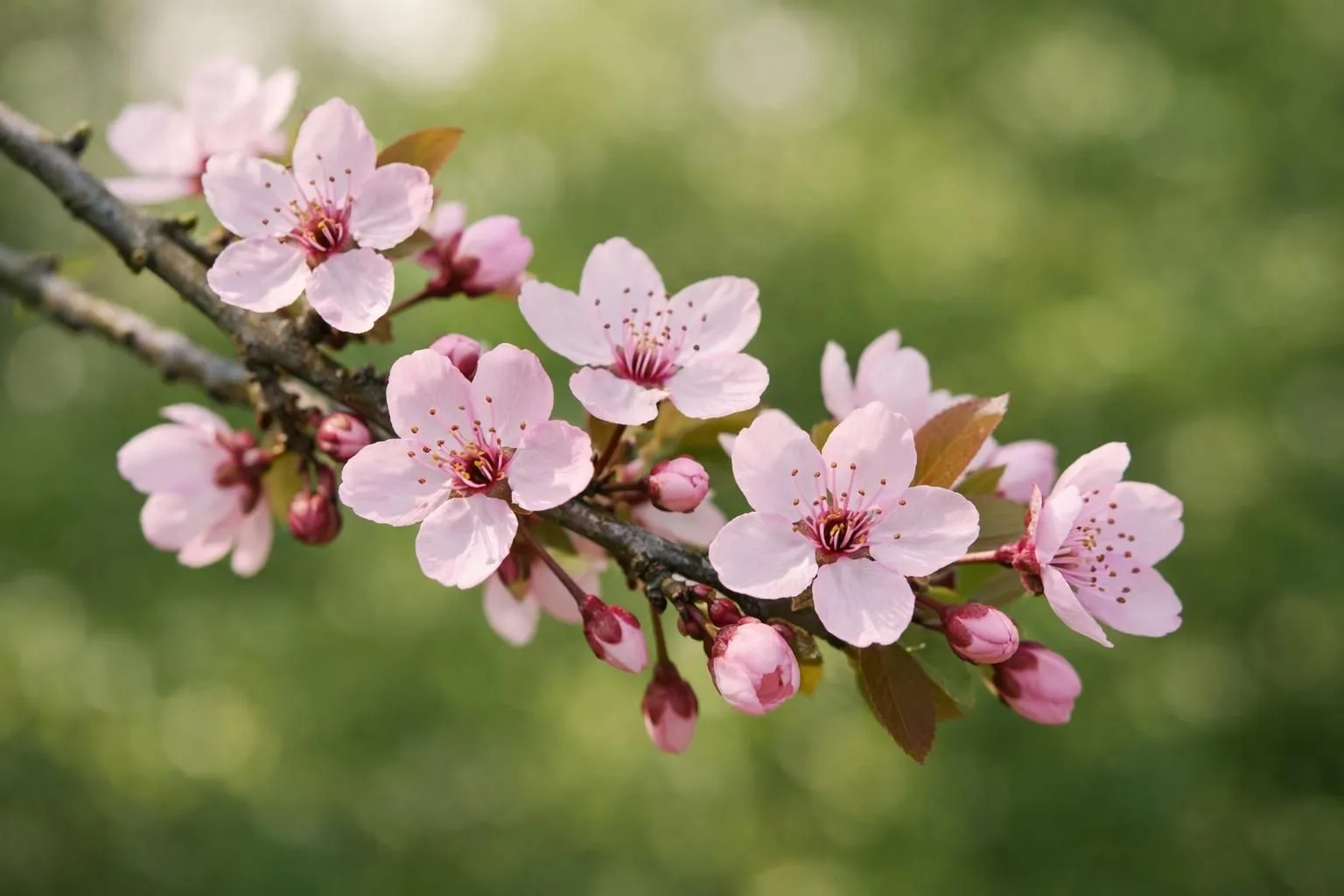 Close-up of a blooming Prunus tree branch with delicate pink blossoms against soft morning light in a French garden, shallow depth of field, natural colors, realistic photography, professional gardening aesthetic, petals in sharp detail with blurred green foliage background, early spring atmosphere, premium botanical style