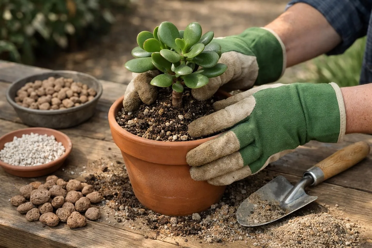 Hands planting jade plant (Crassula ovata) in terracotta pot with sandy soil mix, gardening gloves holding succulent, drainage materials and small gardening trowel on rustic wooden table, natural daylight streaming from side, shallow depth of field, authentic gardening atmosphere, green fleshy leaves visible, realistic photography, warm tones, high detail