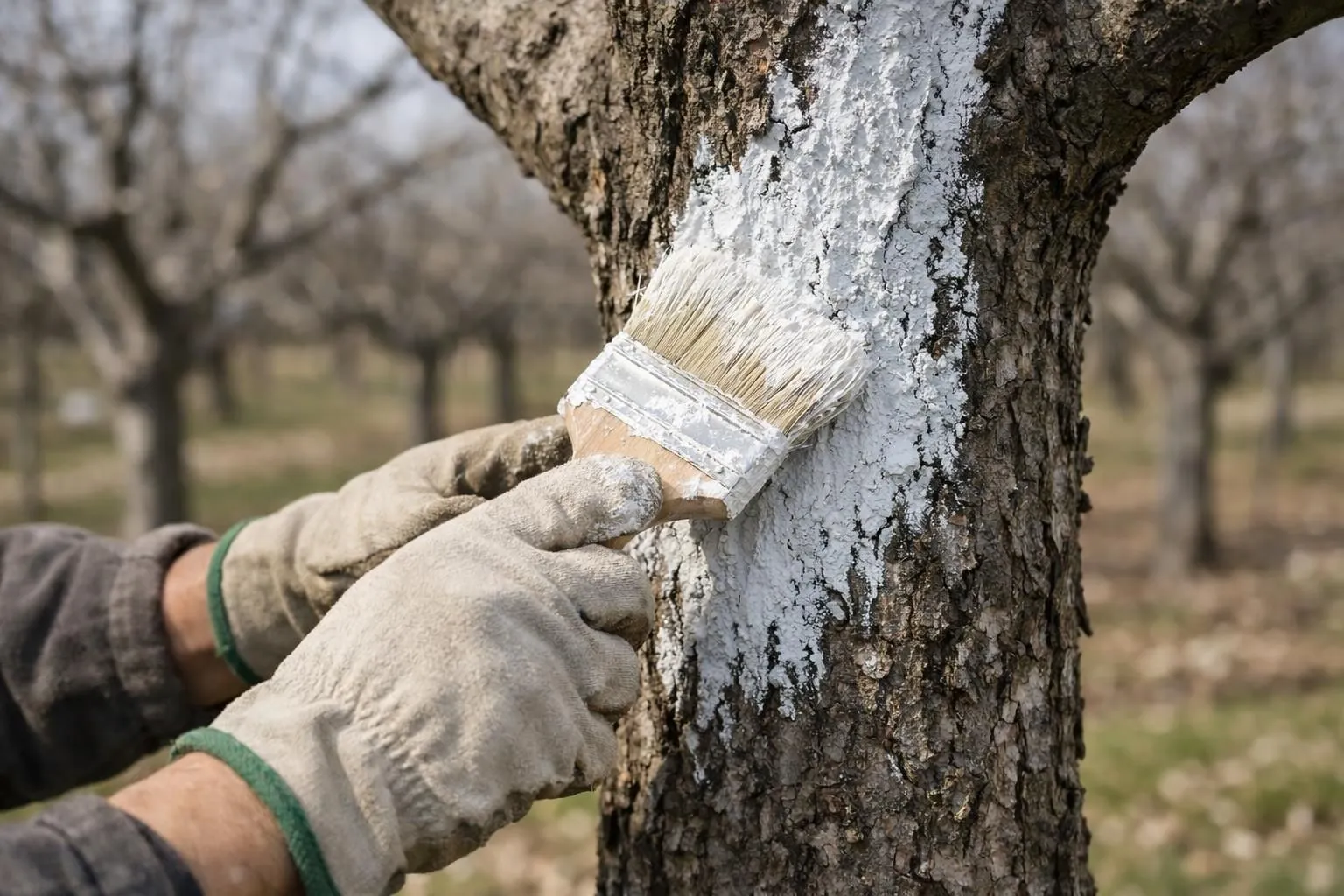Close-up of a gardener's gloved hands applying white lime wash to the trunk of a fruit tree in a French orchard during late winter, showing the texture of tree bark and the brushing technique, natural daylight, realistic photography, shallow depth of field focusing on the application process, professional gardening scene with pruned branches visible in the background, authentic agricultural atmosphere