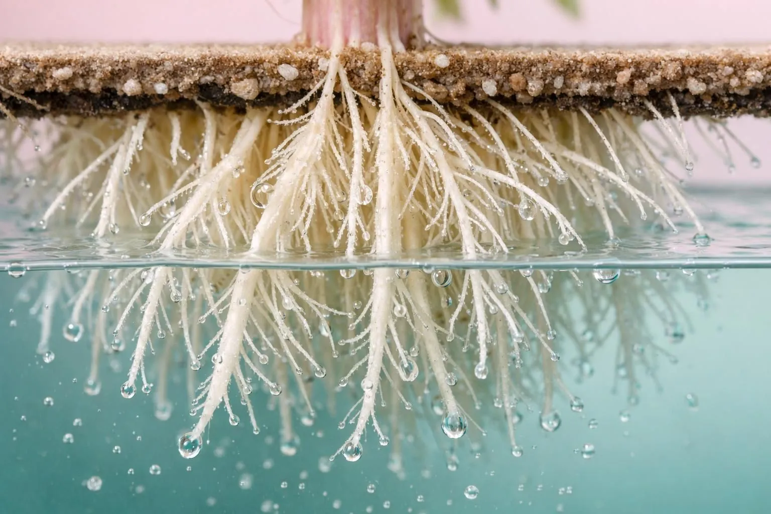 Close-up of healthy white plant roots suspended in transparent hydroponic nutrient solution, water droplets visible on root surface, educational cross-section view showing root hairs absorbing nutrients, natural lighting, ultra-detailed macro photography, clean scientific aesthetic, no text or labels