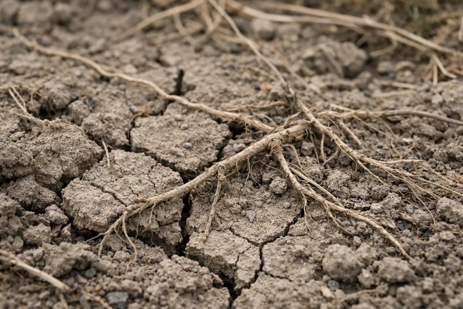 Close-up photograph of severely degraded garden soil showing cracked, dry earth with dead plant roots visible on the surface. French suburban garden context. Realistic texture showing soil damage and desertification. Natural lighting highlighting the contrast between healthy dark soil and damaged gray patches. Documentary-style photography, shallow depth of field, detailed macro shot of soil structure, no text or graphics.