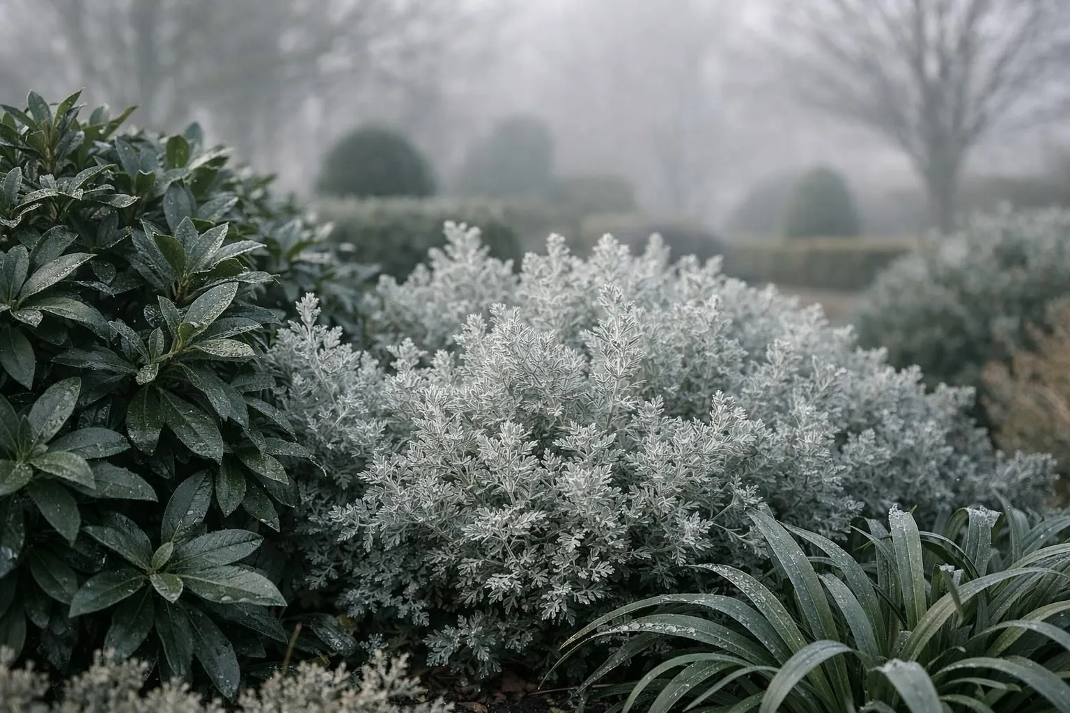Jardin résidentiel français en hiver avec massifs de vivaces persistantes aux feuillages vert foncé et argenté, contraste saisissant avec pelouse givrée et arbres dénudés en arrière-plan, lumière hivernale douce, brume matinale, photographie réaliste haute résolution, mise au point sur les plantes persistantes au premier plan, atmosphère paisible et élégante
