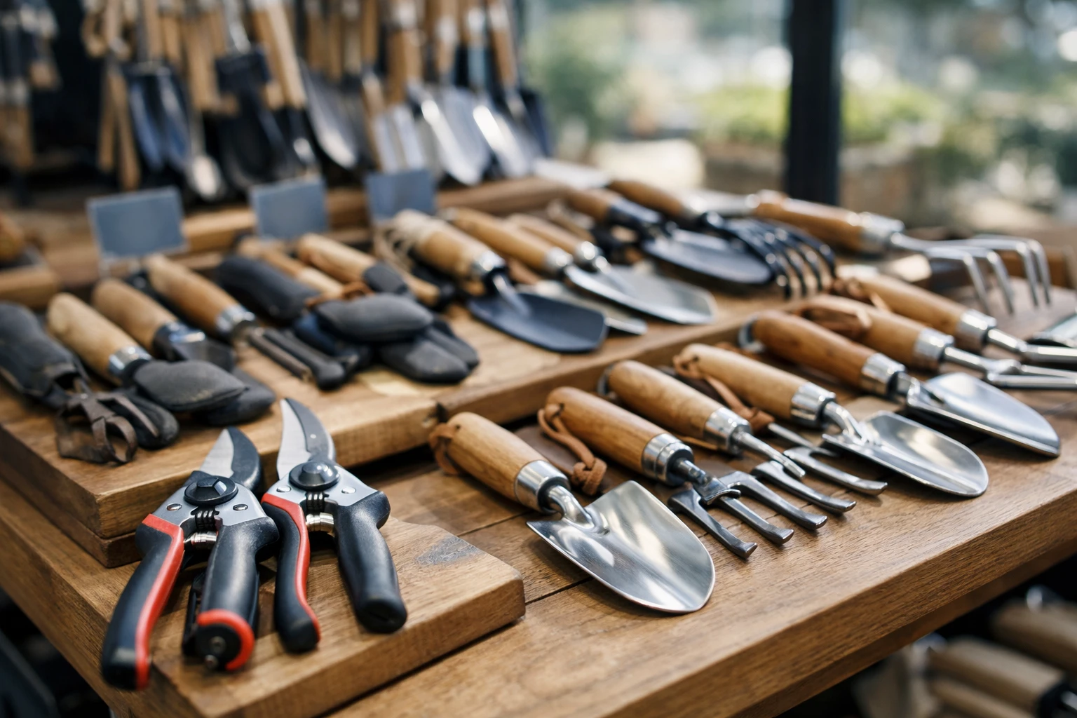 Close-up of garden tools on display in a French garden store during clearance sale, visible price tags with discount percentages, natural daylight through storefront, realistic product photography with shallow depth of field, professional retail environment, quality gardening equipment including pruning shears and hand tools on wooden display, authentic shopping atmosphere