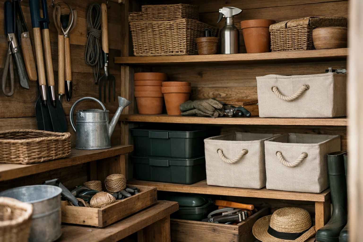 Organized garden shed in France showing seasonal tool rotation system, premium gardening equipment neatly arranged on wall hooks and shelves, labeled storage bins for different seasons, spring planting tools on workbench, winter protection materials stored above, natural daylight through window, professional organization, realistic photography, shallow depth of field, warm natural tones, high detail.