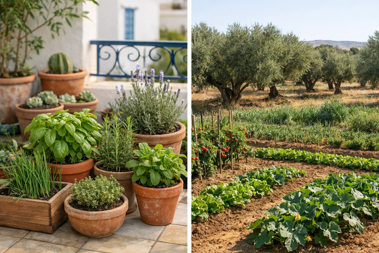 A split-screen comparison showing two contrasting Tunisian gardens: on the left, a small urban balcony garden in Tunis with compact potted herbs, tomatoes, and flowering plants on wooden shelves, modern apartment buildings in the background; on the right, a spacious rural olive grove and vegetable garden with rows of crops, fruit trees, and traditional stone walls, Tunisian countryside landscape. Realistic photography, natural Mediterranean sunlight, high detail, warm earthy tones, practical gardening atmosphere. No text, no logo, no watermark.