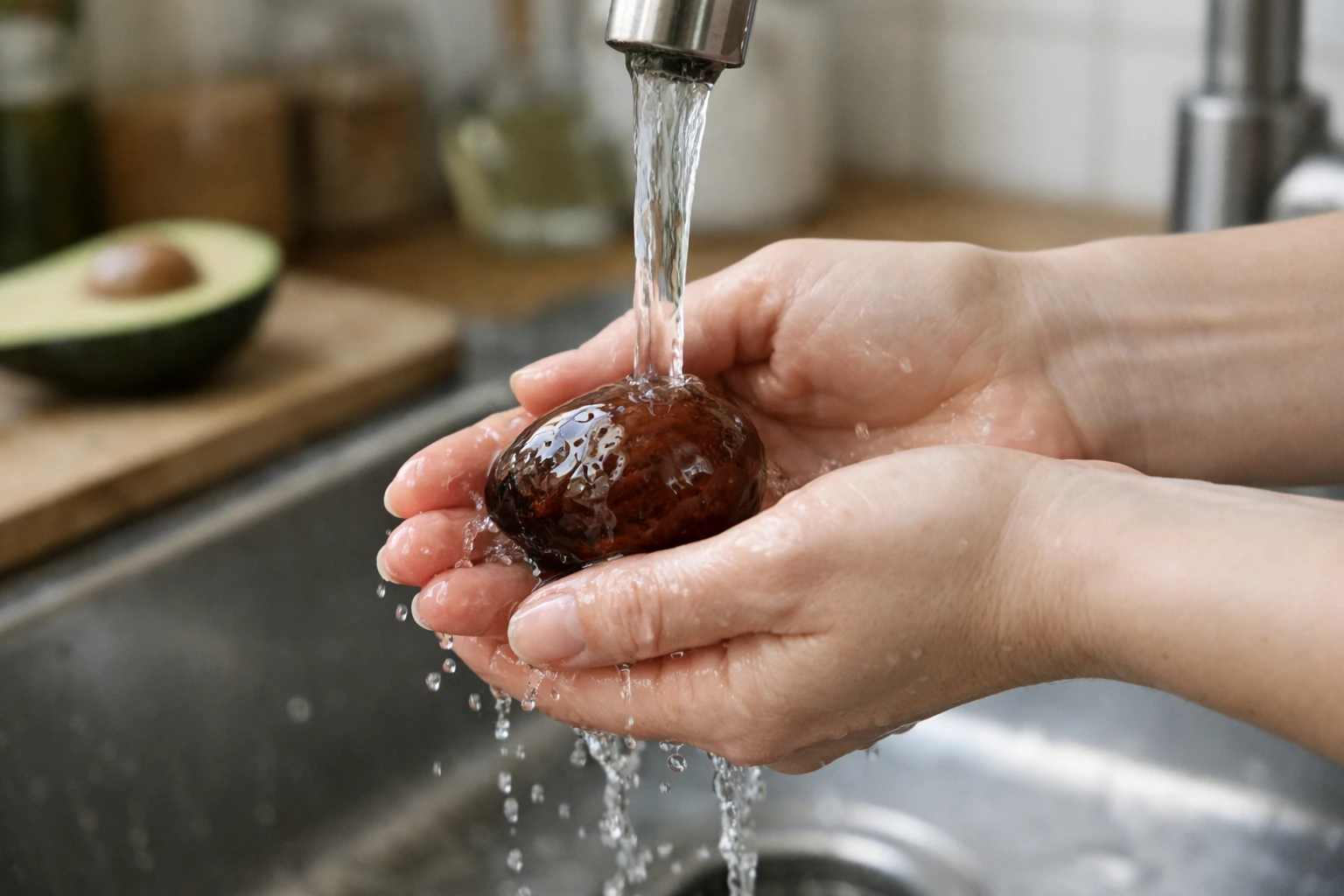 Close-up of hands gently rinsing a fresh avocado pit under warm running water in a French kitchen, water droplets visible, natural brown protective skin intact, soft natural lighting, shallow depth of field, realistic photography style. Background shows a clean sink and a white kitchen cloth (sopalin) folded nearby. Professional home gardening atmosphere, educational and trustworthy mood, high detail on pit texture. ABSOLUTELY NO text, words, letters, or labels visible in the image.