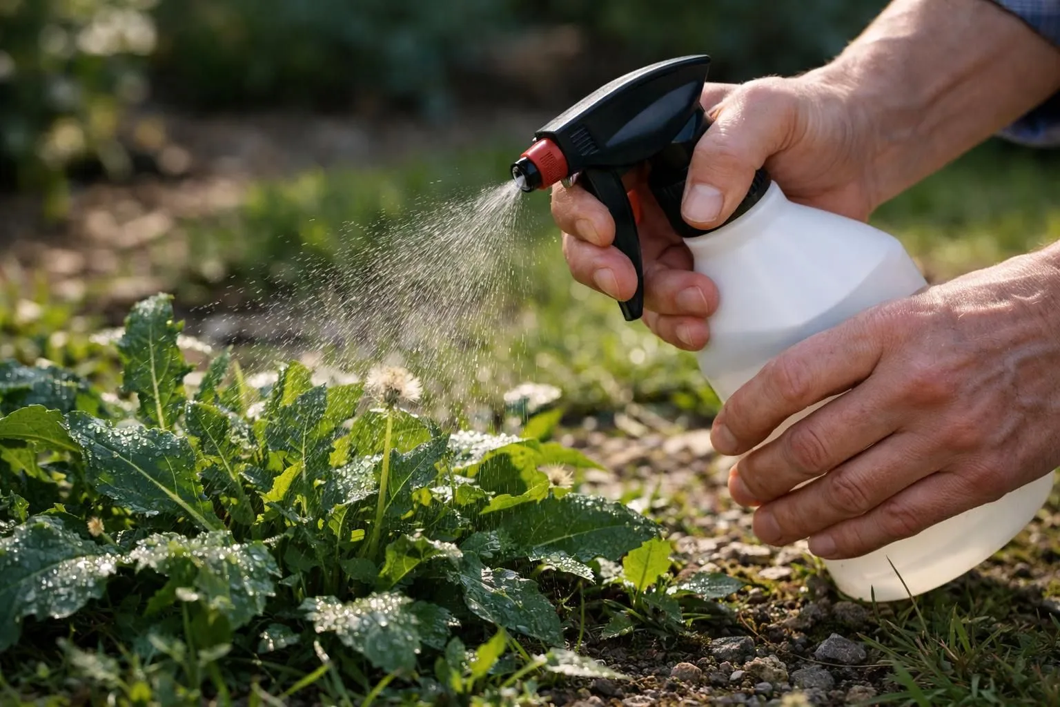 Close-up of hand spraying concentrated vinegar solution from spray bottle onto persistent weeds like bindweed in French garden, natural sunlight highlighting water droplets on leaves, realistic gardening scene, detailed texture of weed foliage, professional eco-friendly weed control, warm afternoon light, shallow depth of field, high-quality photography