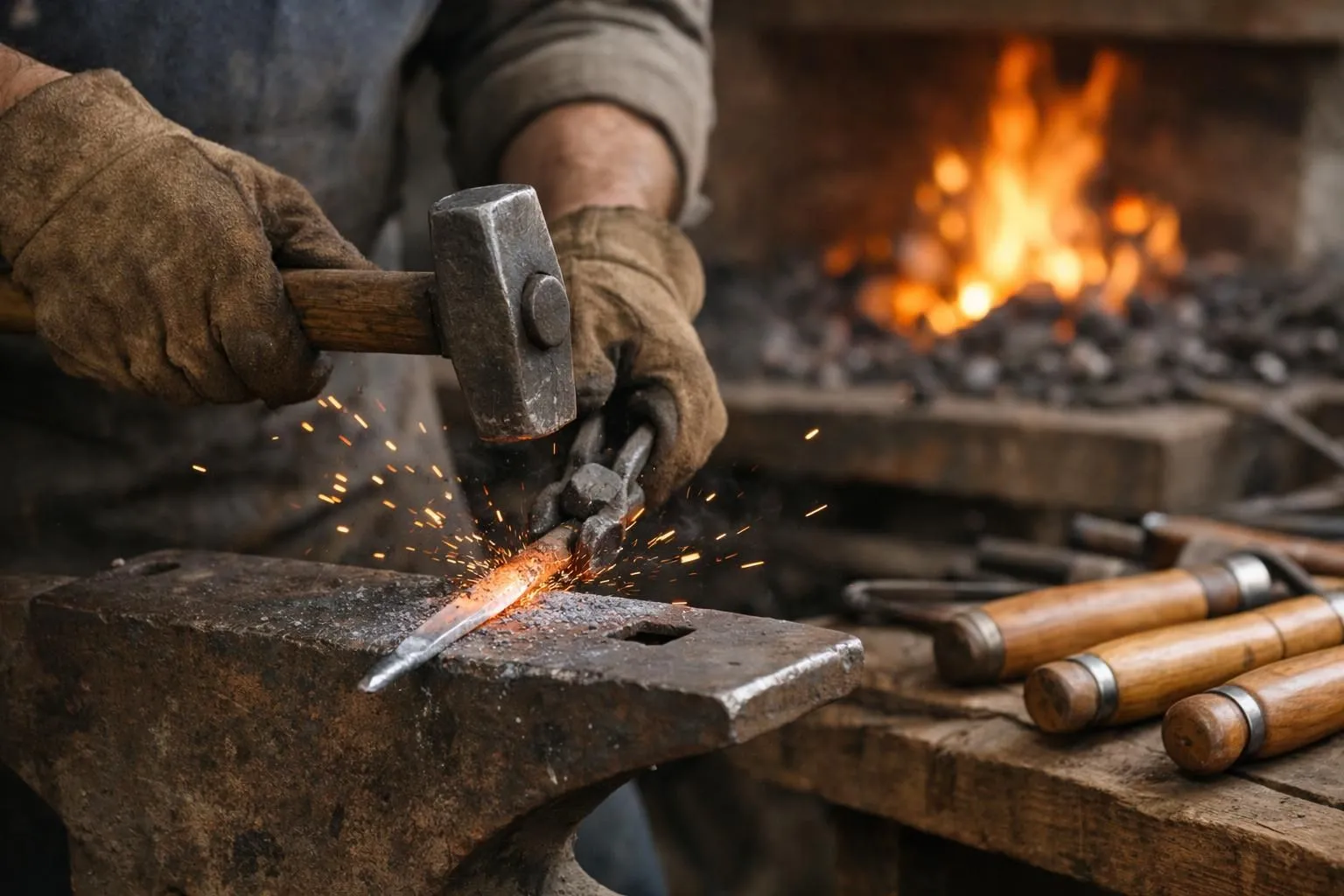 Artisan blacksmith forging metal tines for a grelinette garden tool in a traditional French workshop, sparks flying from heated steel on anvil, close-up of hands wearing leather gloves holding tongs, authentic forge in background with glowing coals, handcrafted wooden handles visible on workbench, natural workshop lighting through windows, realistic photography style, warm orange and brown tones, high detail textures of metal and wood, professional craftsmanship atmosphere, no text.
