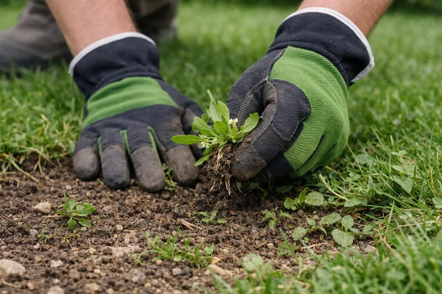 Close-up of a gardener manually removing weeds from a French lawn, showing hands pulling out dandelions and other invasive plants, natural daylight, realistic photography, detailed soil texture visible, professional gardening gloves, lush green grass in background, shallow depth of field, high-end lifestyle aesthetic, authentic French garden atmosphere