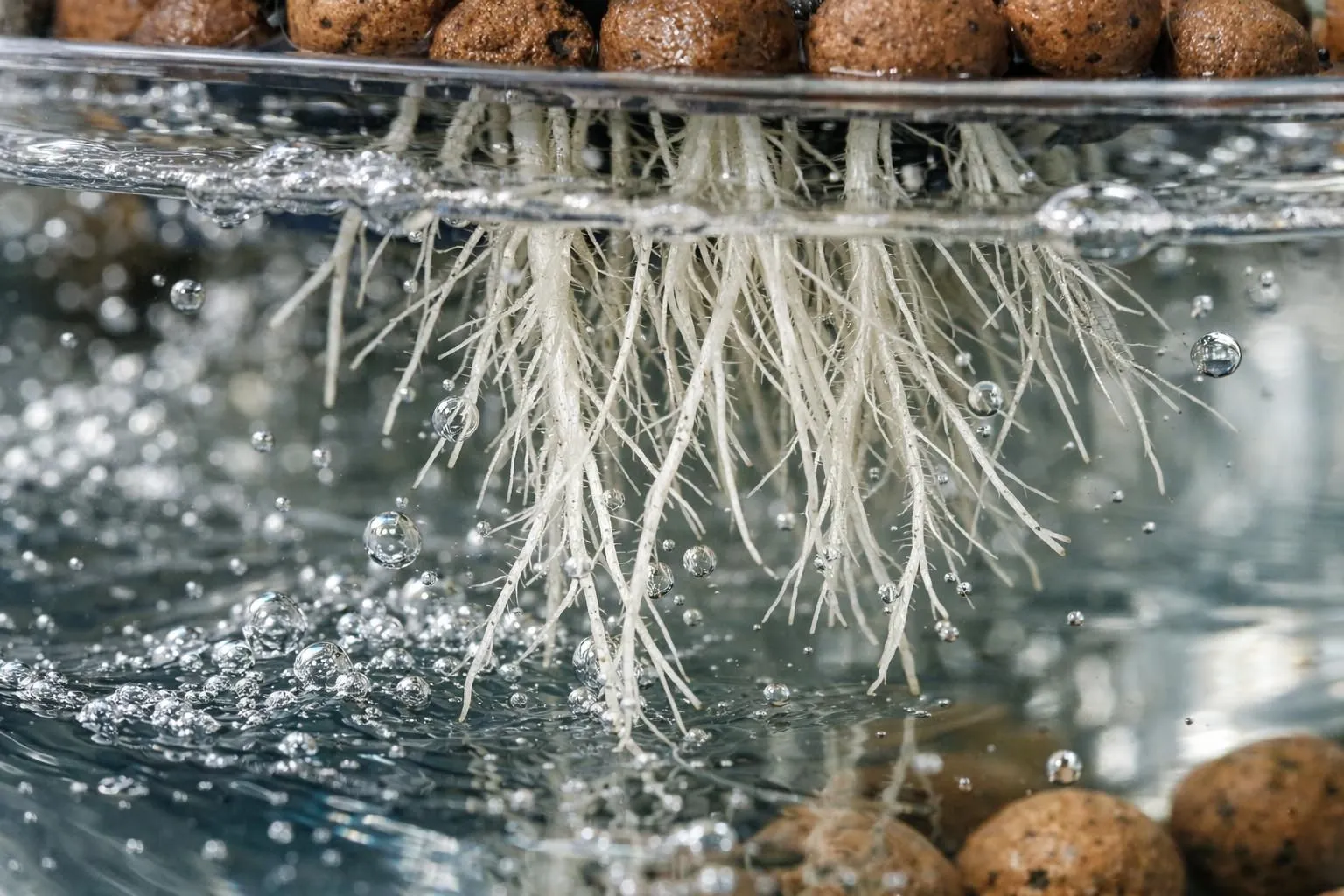 Close-up of healthy white plant roots submerged in clear hydroponic nutrient solution inside a transparent growing container, visible water circulation bubbles, clay pebbles as growing medium, natural daylight, ultra-detailed macro photography, realistic textures, scientific yet elegant aesthetic, shallow depth of field, no text