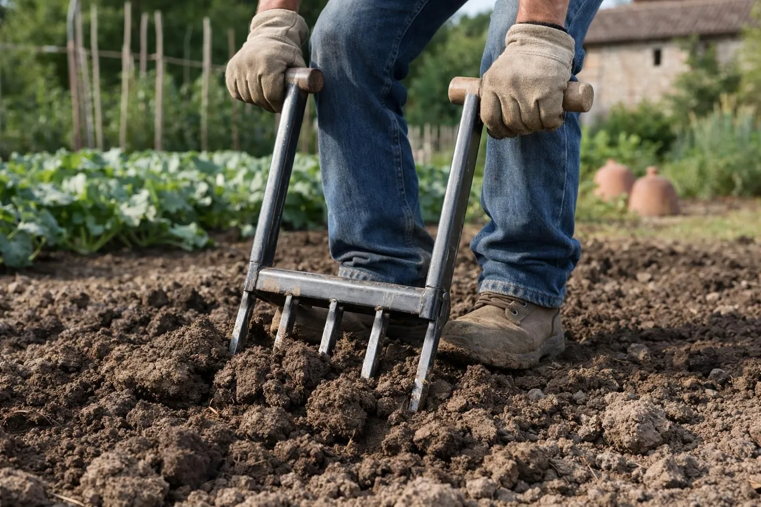 Gardener using a broadfork (grelinette) in heavy clay soil in a French vegetable garden, close-up on hands gripping wooden handles and metal tines penetrating dark brown compact earth, proper body positioning visible, natural morning light, realistic photography style, detailed soil texture showing clay consistency, professional gardening technique demonstration, authentic French potager setting with vegetable beds in background, high detail on tool and soil interaction, no text, no logo