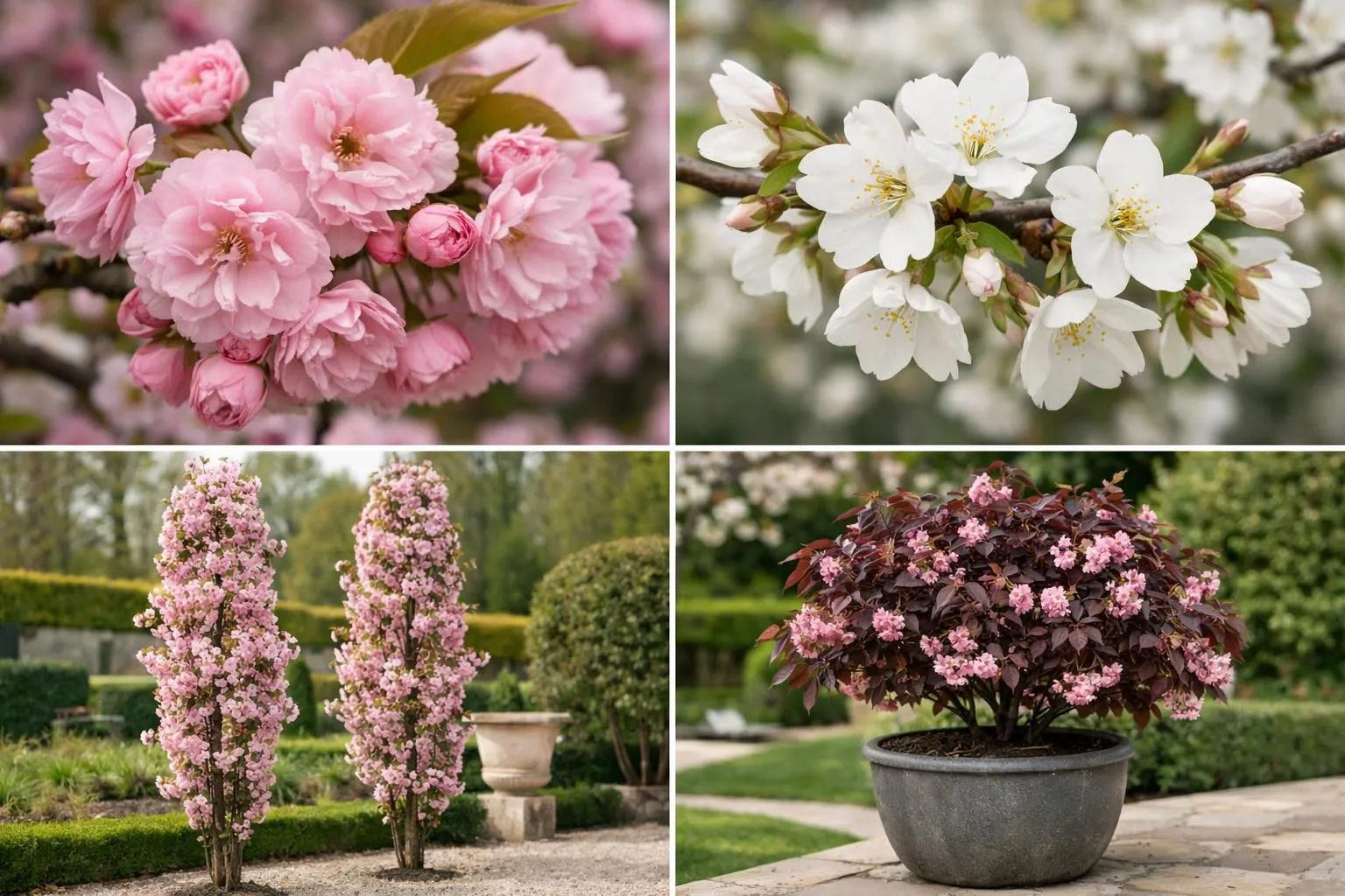 Collage showing eight different ornamental cherry tree varieties in a French garden: close-up views of pink double blossoms (Kanzan), white elegant flowers (Shirotae), columnar tree shape (Amanogawa), dwarf variety in container, and dark burgundy foliage. Natural light photography, garden setting with soft focus background, realistic plant textures, premium gardening catalog style, diverse blooming periods visible, professional horticulture photography. ABSOLUTELY NO TEXT, words, letters, numbers, signs, labels, logos, titles, or captions in the image.
