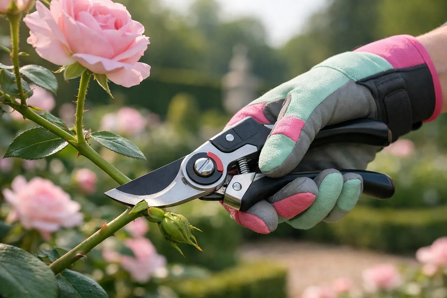 Close-up hands with professional secateurs cutting rose stem at 45-degree angle above outward-facing bud, French garden background, premium gardening gloves, natural morning light, ultra-detailed pruning technique demonstration, realistic photography, shallow depth of field, professional horticulture scene