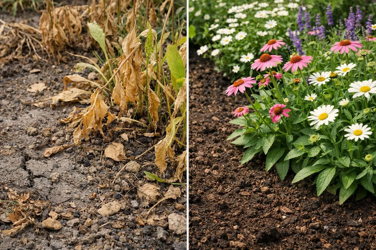 Split-screen comparison in a French garden: left side shows wilted ornamental plants with yellowed leaves and damaged soil, right side shows healthy thriving garden beds with vibrant flowers. Close-up realistic photography showing soil texture damage, natural lighting, professional garden documentation style, educational yet elegant atmosphere, high detail botanical photography.